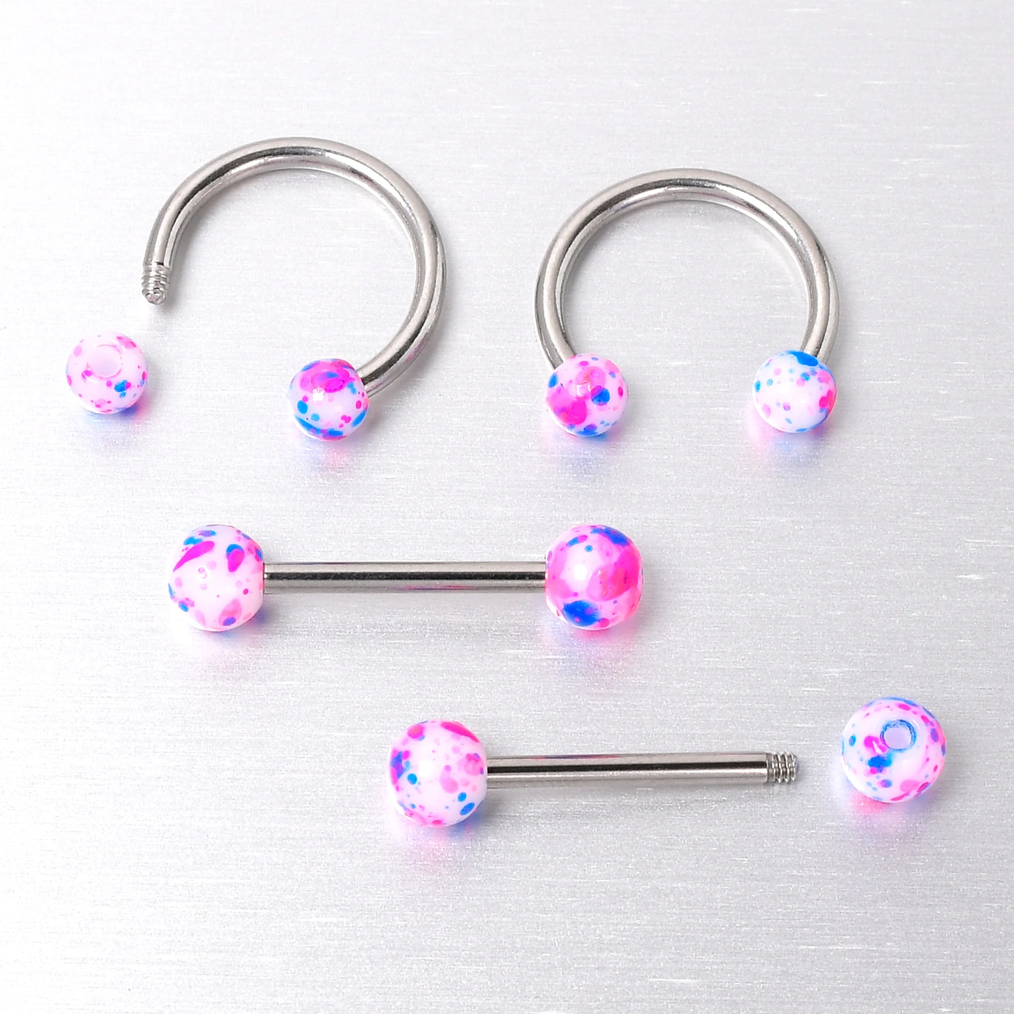 14G 9/16 1/2 Splatter Blue Pink Barbell Horseshoe Nipple Ring Set of 4 - Image 8