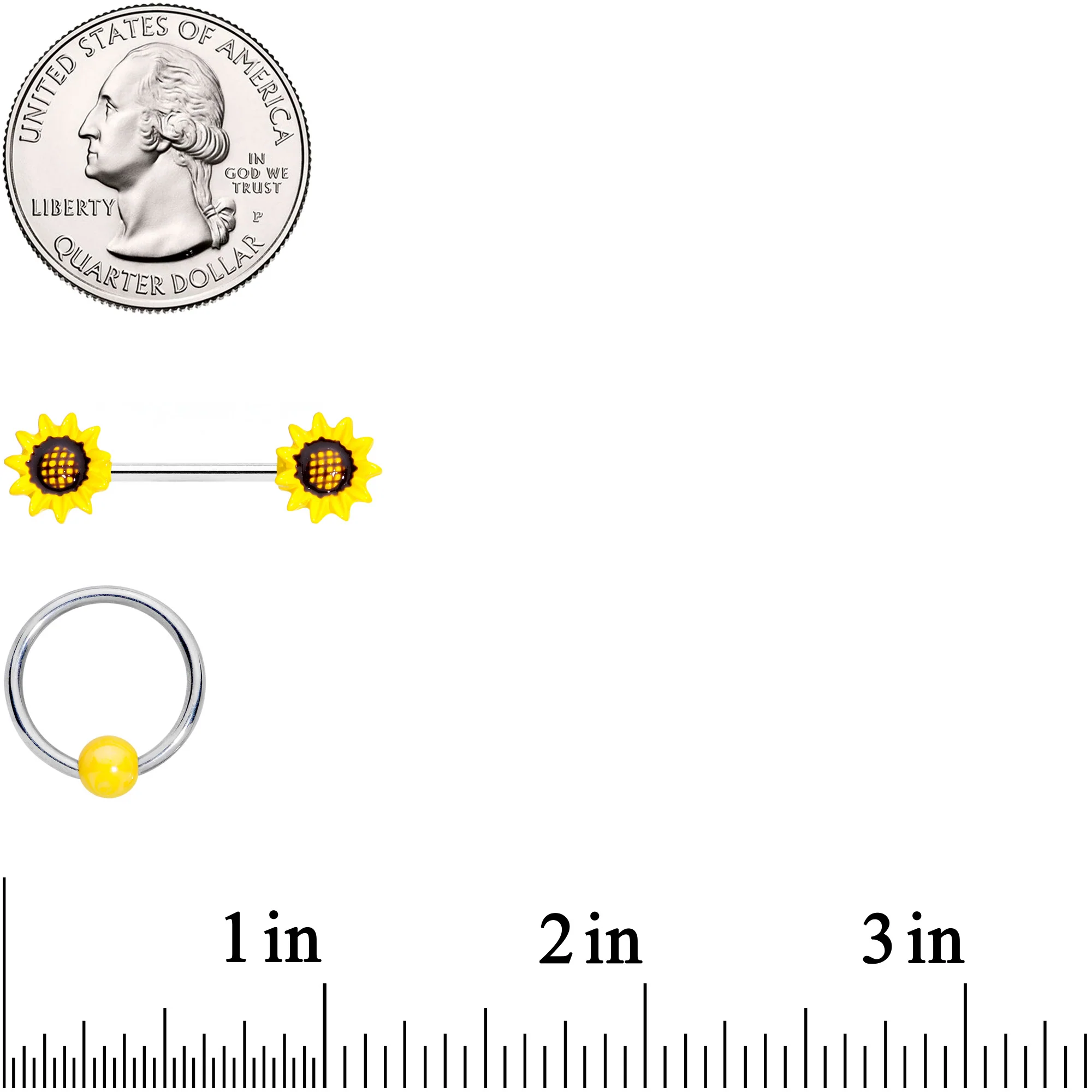 14G 9/16 1/2 Yellow Sunflower UV BCR Barbell Nipple Ring Set of 4 - Image 5