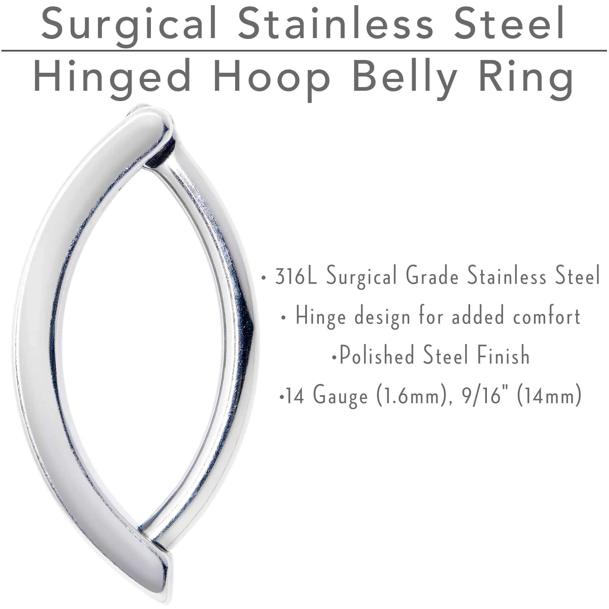 14G 9/16 316L Surgical Steel Smooth Style Hinged Hoop Belly Ring - Image 8