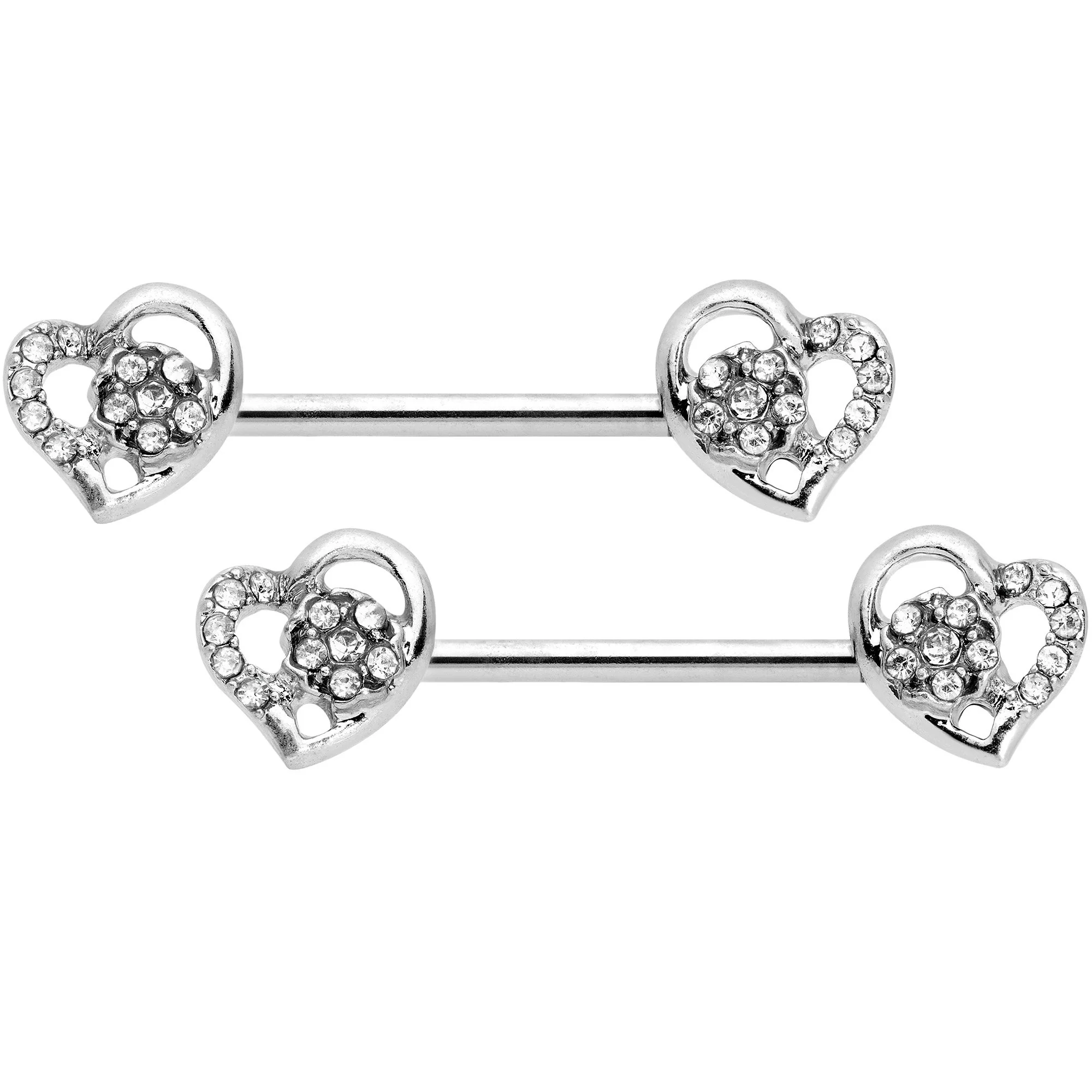 14G 9/16 5/16 Clear Gem Hearts BCR Barbell Nipple Ring Set - Image 2