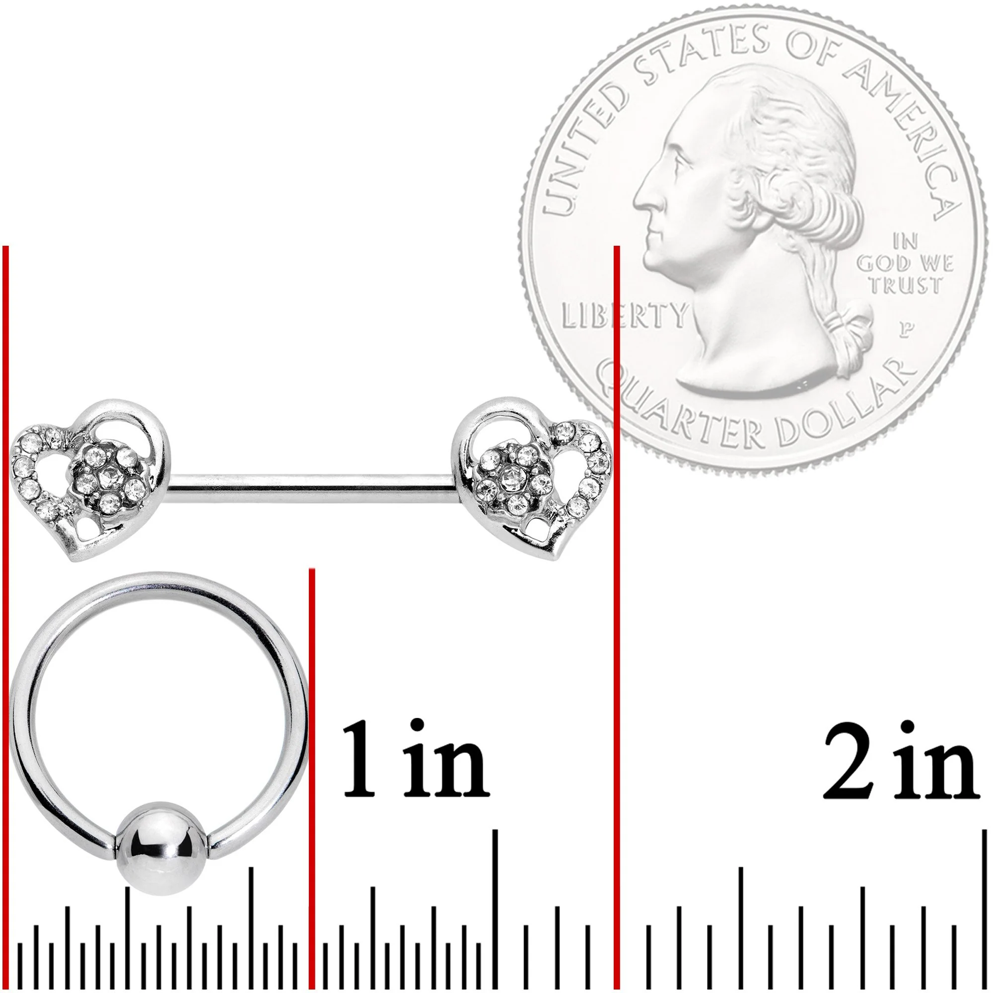 14G 9/16 5/16 Clear Gem Hearts BCR Barbell Nipple Ring Set - Image 4