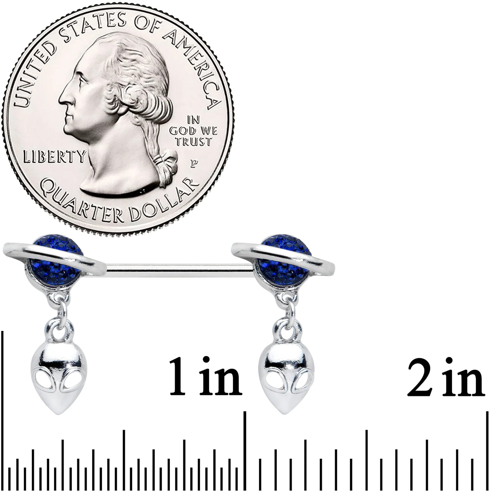 14G 9/16 Alien Dangle Blue Saturn Barbell Nipple Ring Set - Image 2
