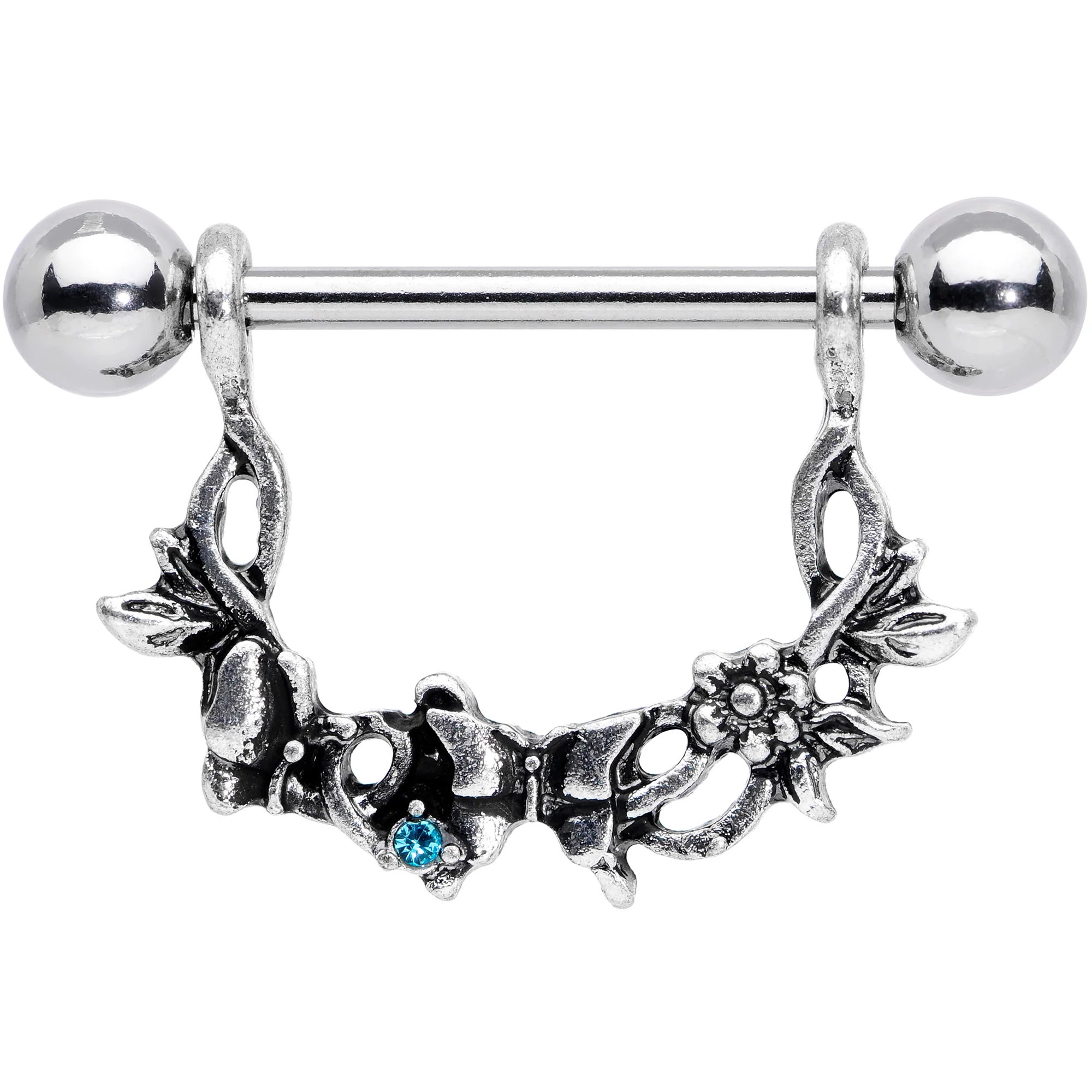 14G 9/16 Aqua Gem Abstract Bow Butterfly Dangle Nipple Ring Set - Image 2