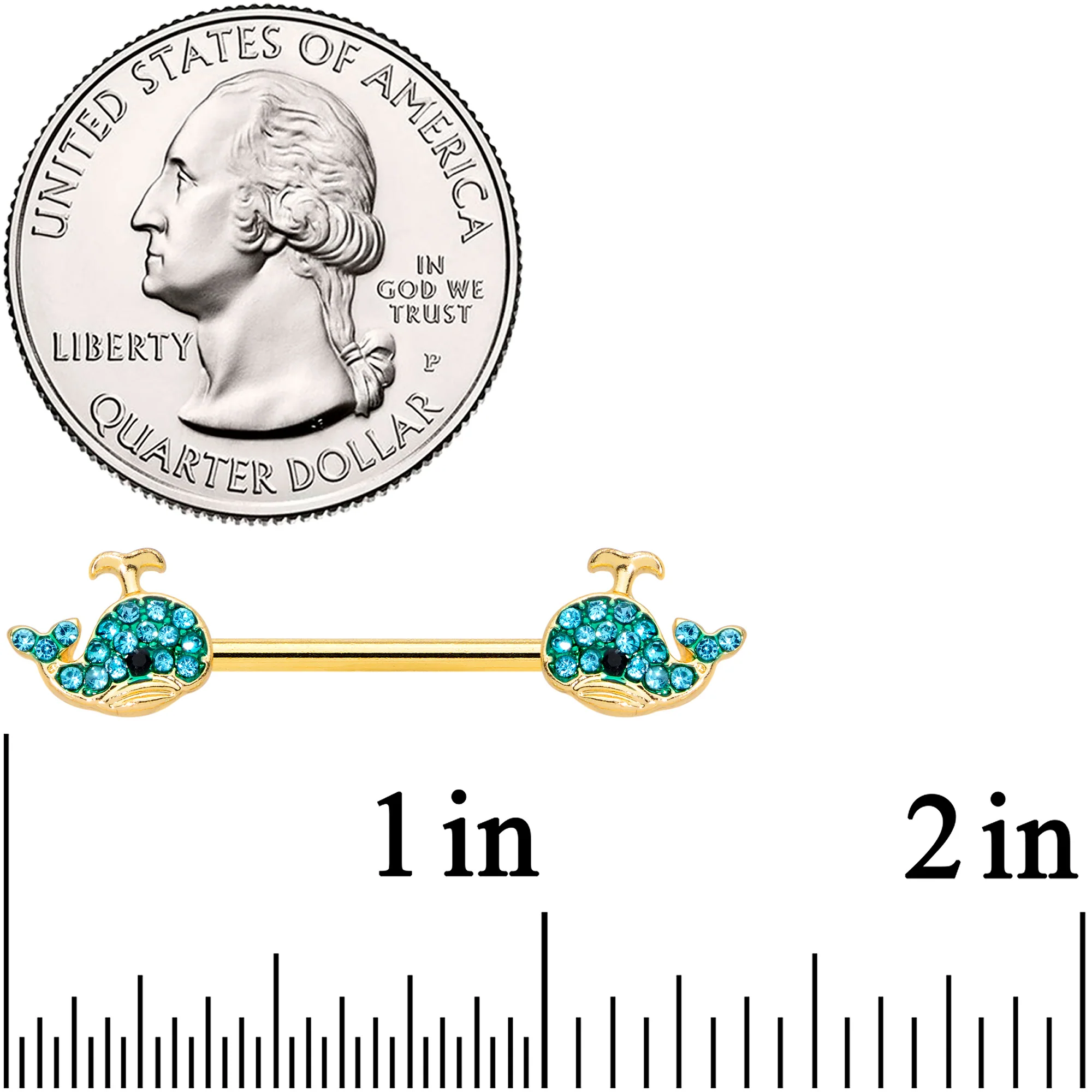 14G 9/16 Aqua Gem Gold Tone Blue Whale Nipple Ring Set - Image 2