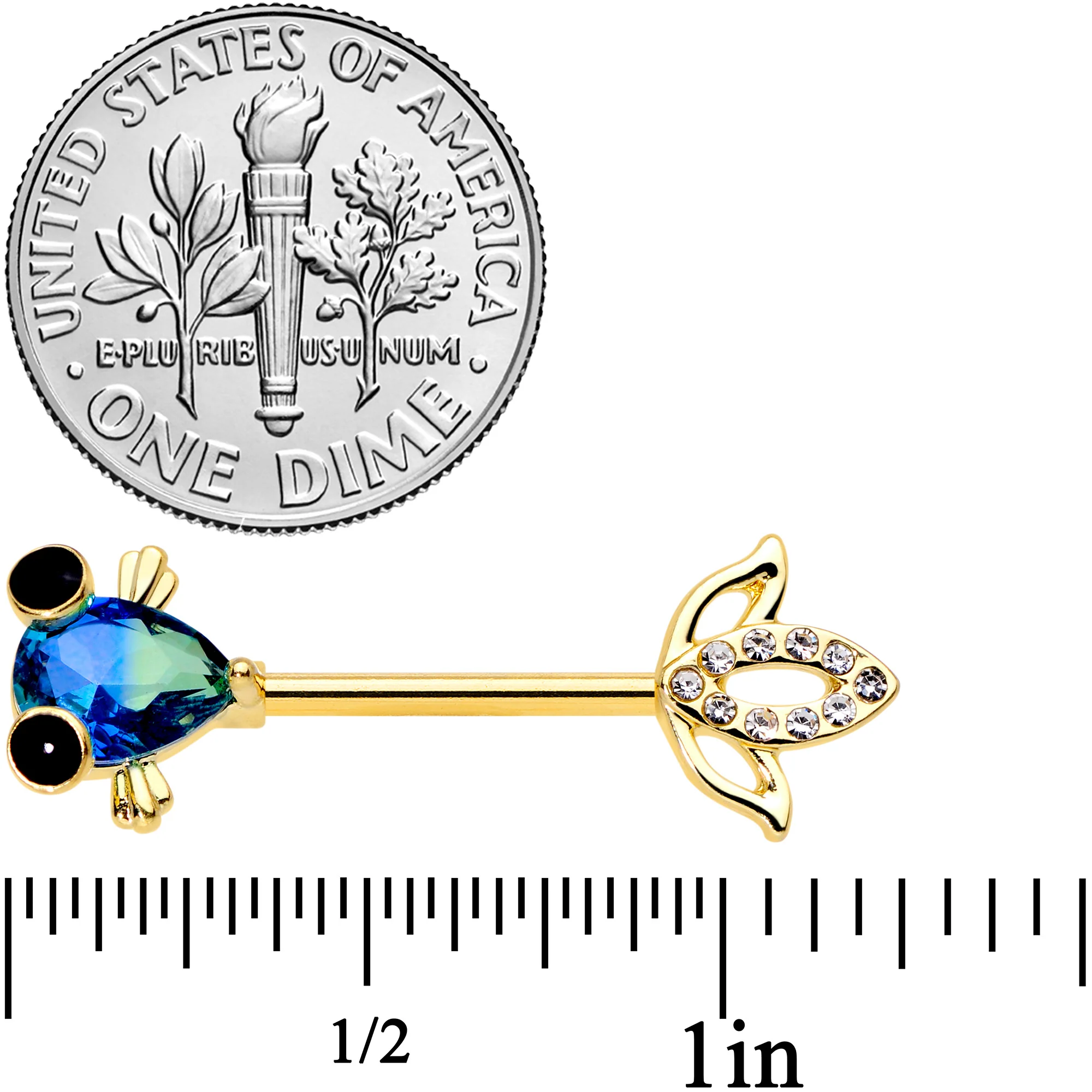 14G 9/16 Aqua Gem Gold Tone Fish Barbell Nipple Ring Set - Image 3