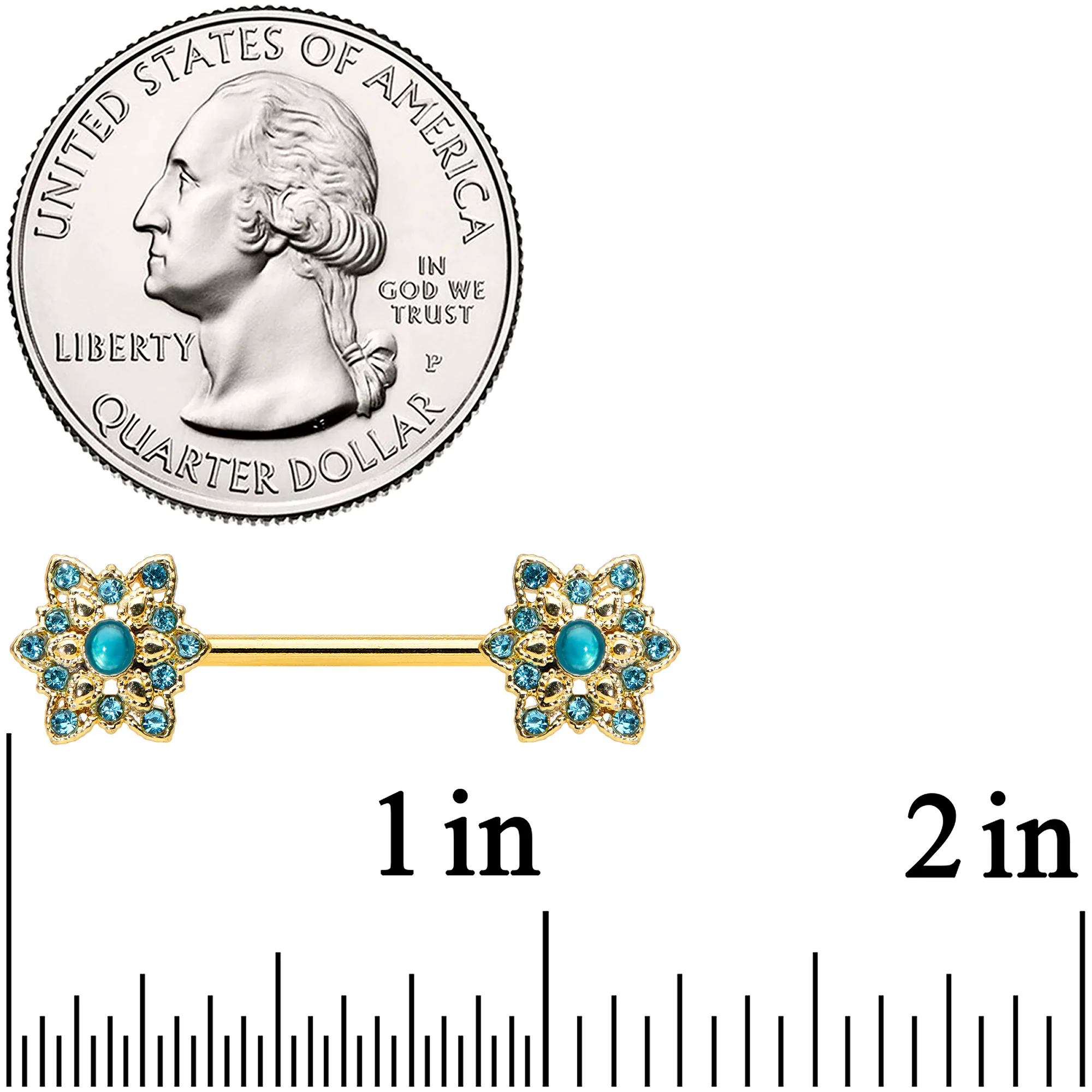 14G 9/16 Aqua Gem Gold Tone Snowflake Christmas Nipple Ring Set - Image 3