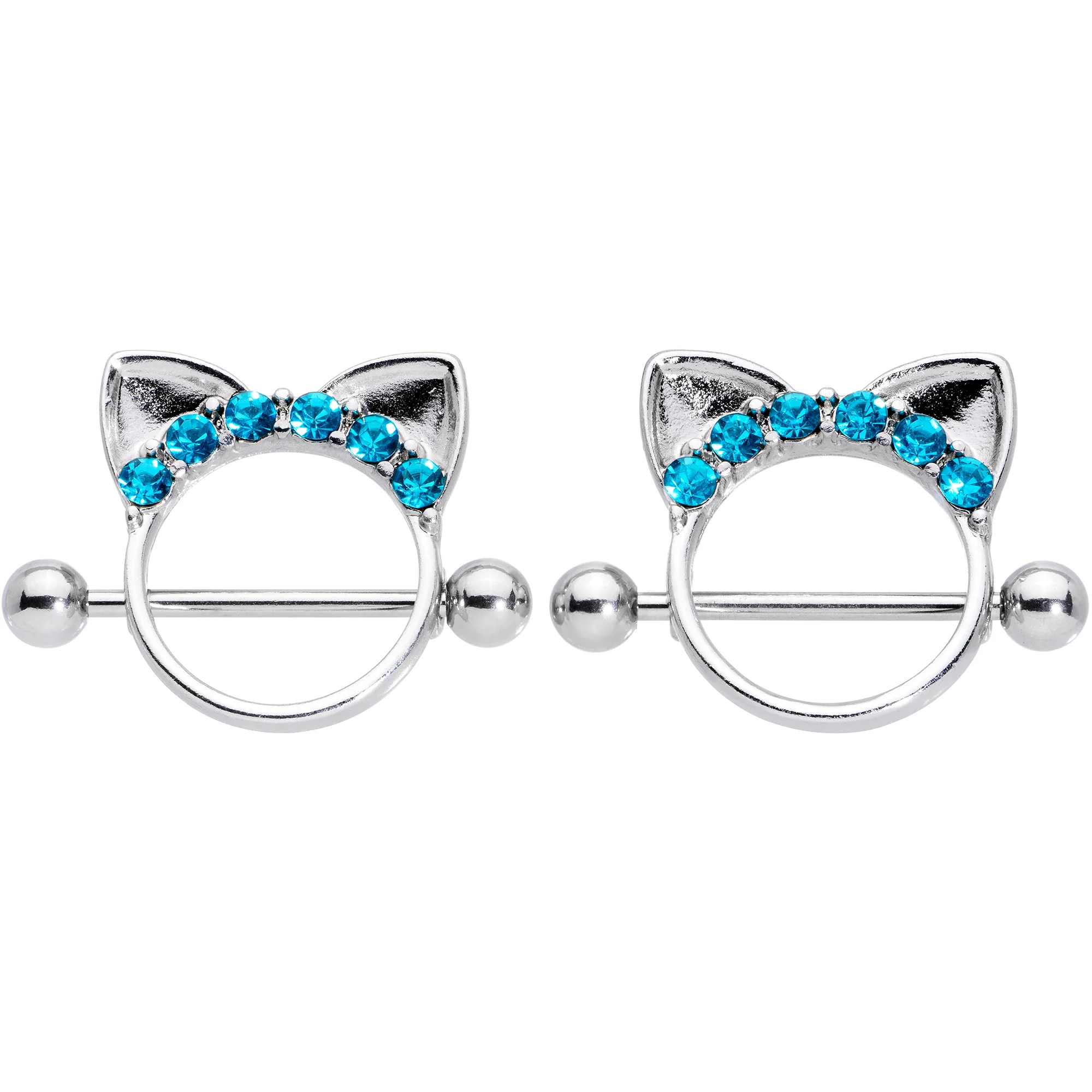 14G 9/16 Aqua Gem Kitty Cat Ears Nipple Shield Set - Image 2