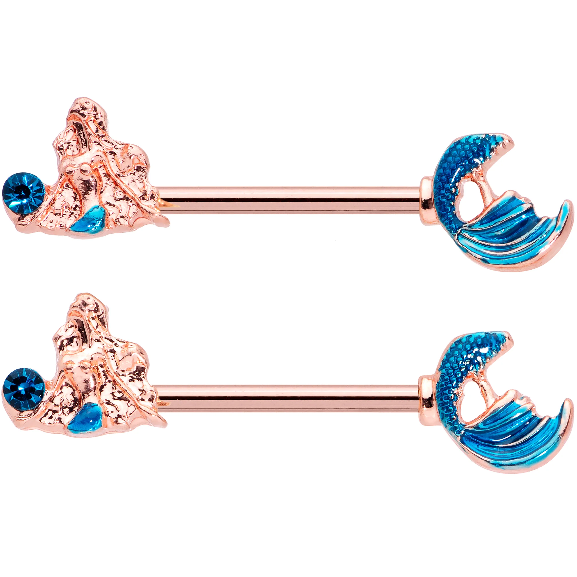 14G 9/16 Aqua Gem Rose Gold Tone Gazing Mermaids Nipple Ring Set - Image 2
