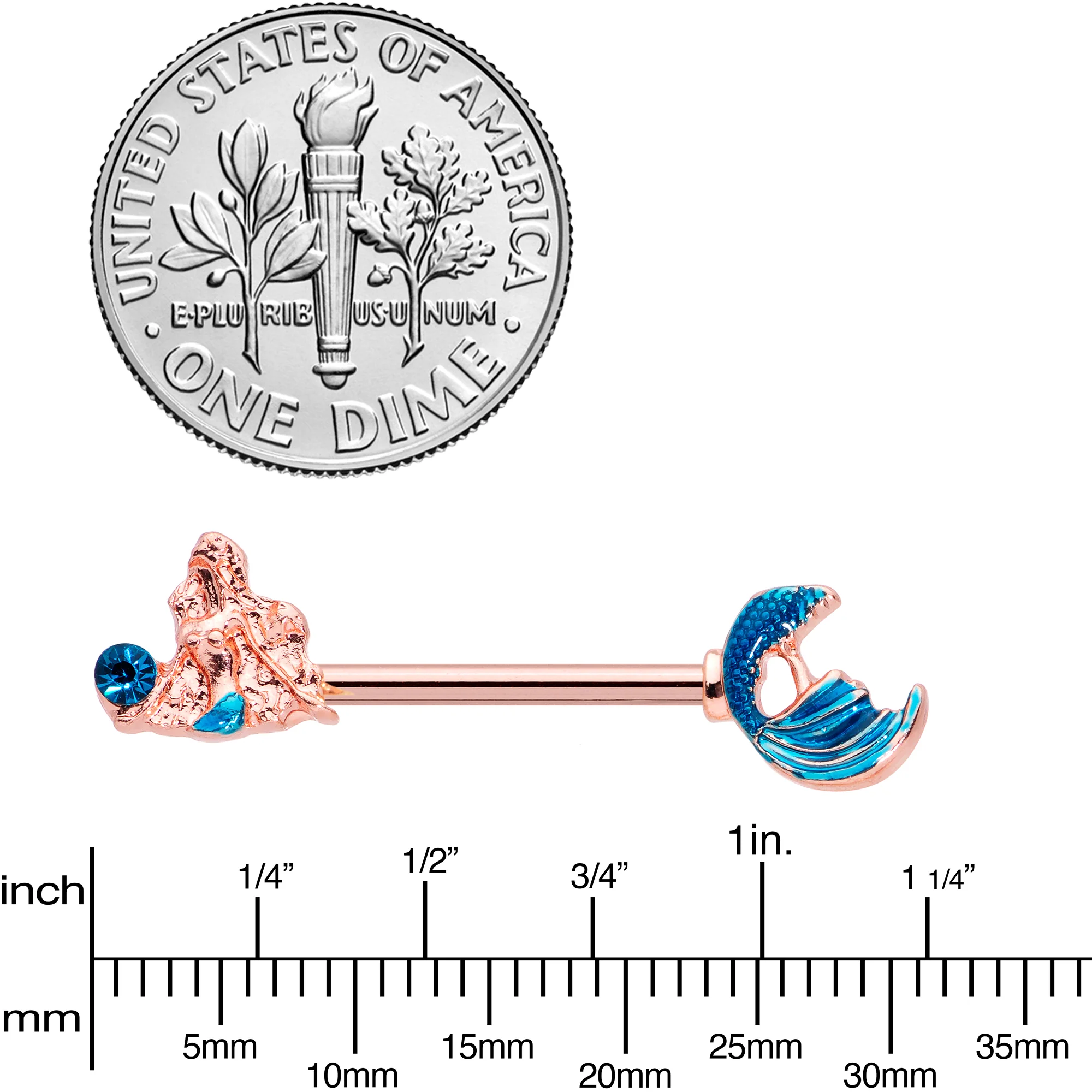 14G 9/16 Aqua Gem Rose Gold Tone Gazing Mermaids Nipple Ring Set - Image 3