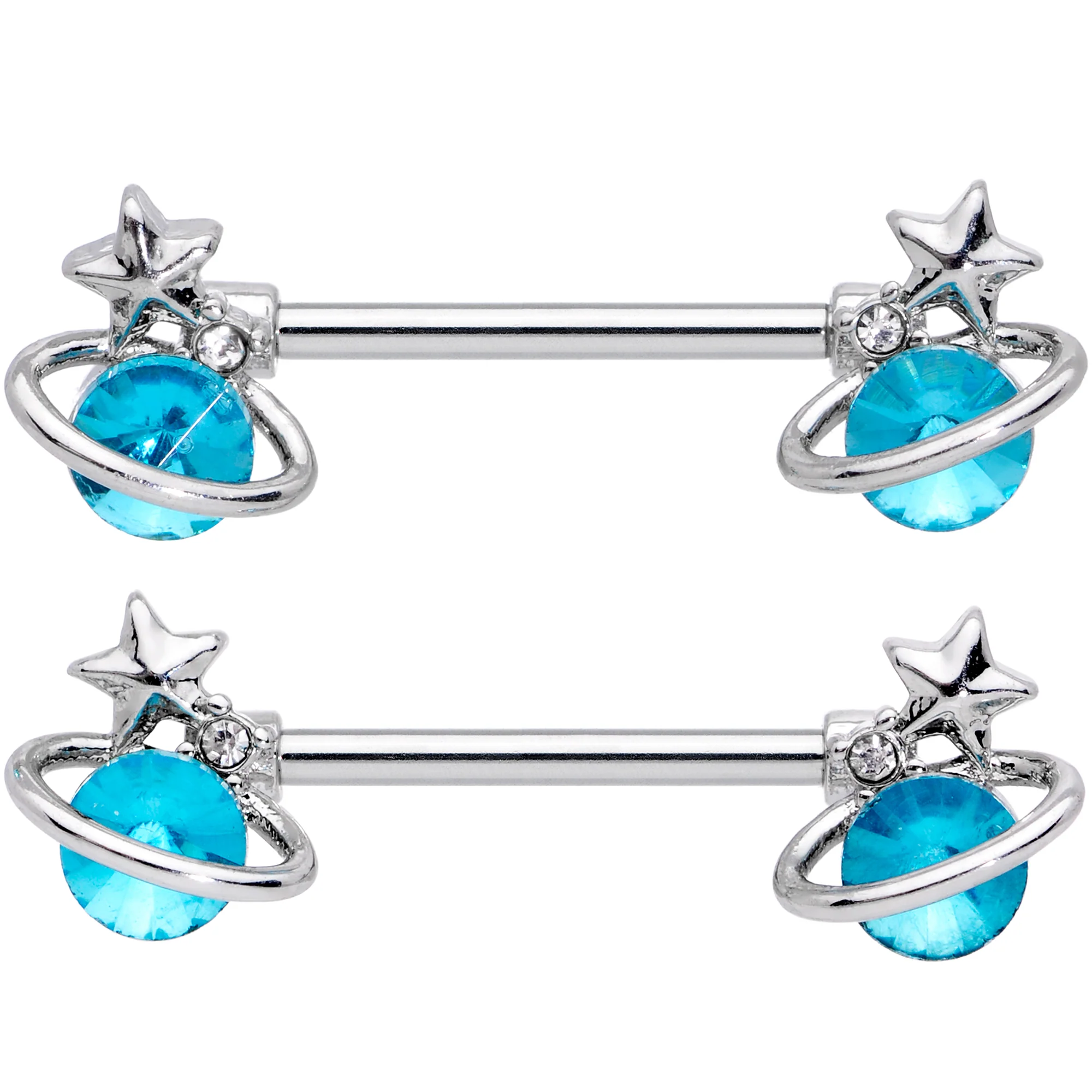 14G 9/16 Aqua Gem Star Saturn Barbell Nipple Ring Set - Image 2