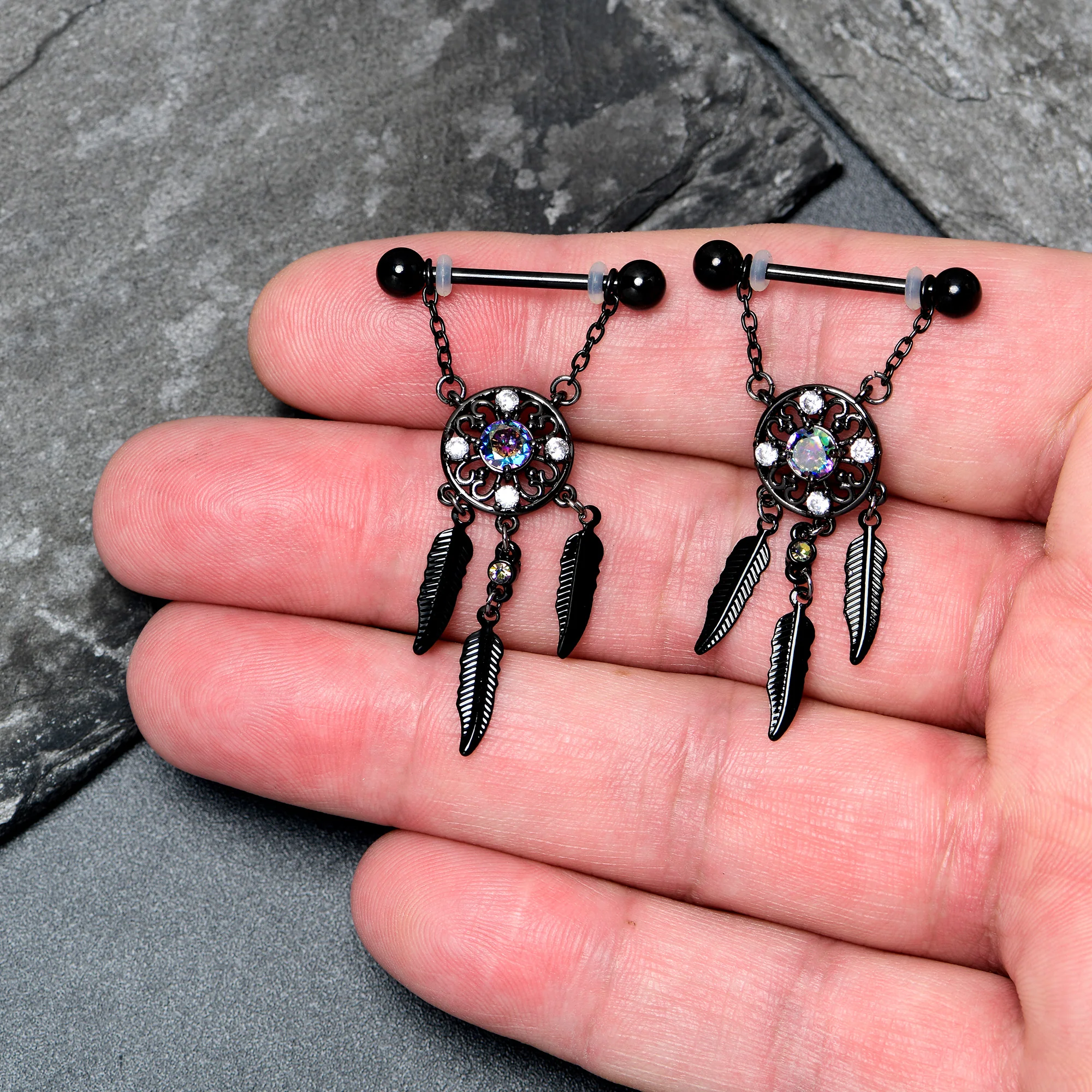 14G 9/16 Aurora CZ Gem Black Dreamcatcher Dangle Nipple Ring Set - Image 2