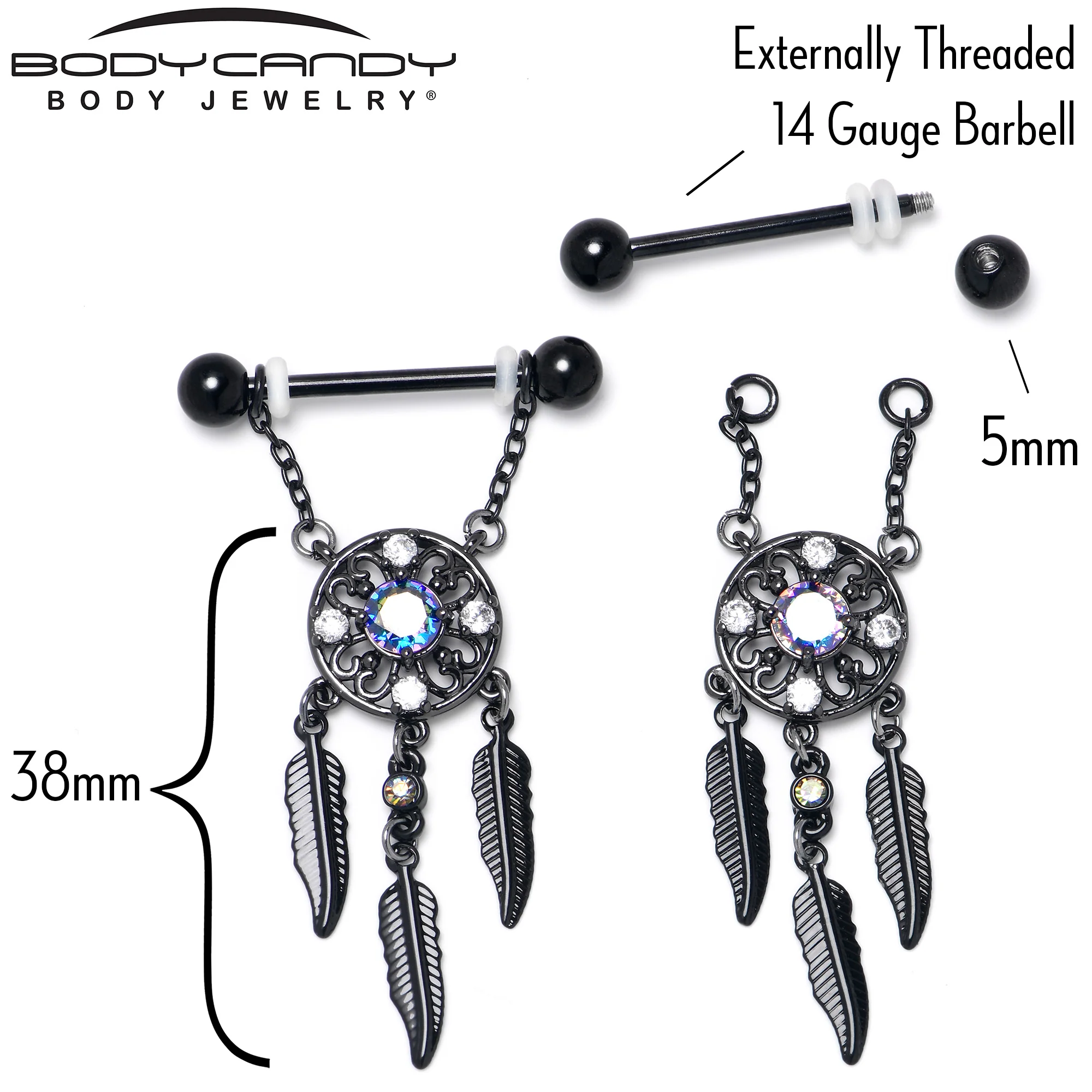 14G 9/16 Aurora CZ Gem Black Dreamcatcher Dangle Nipple Ring Set - Image 5