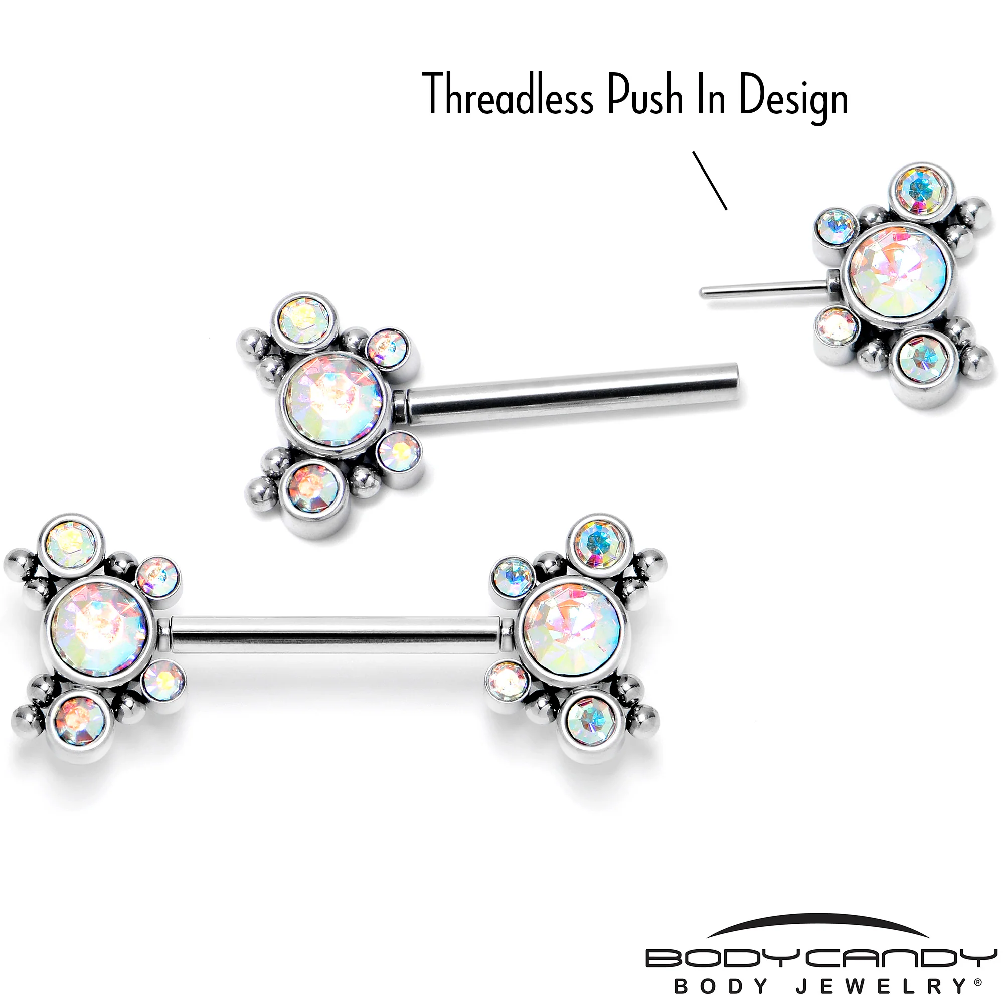 14G 9/16 Aurora CZ Gem Circles Threadless Barbell Nipple Ring Set - Image 3