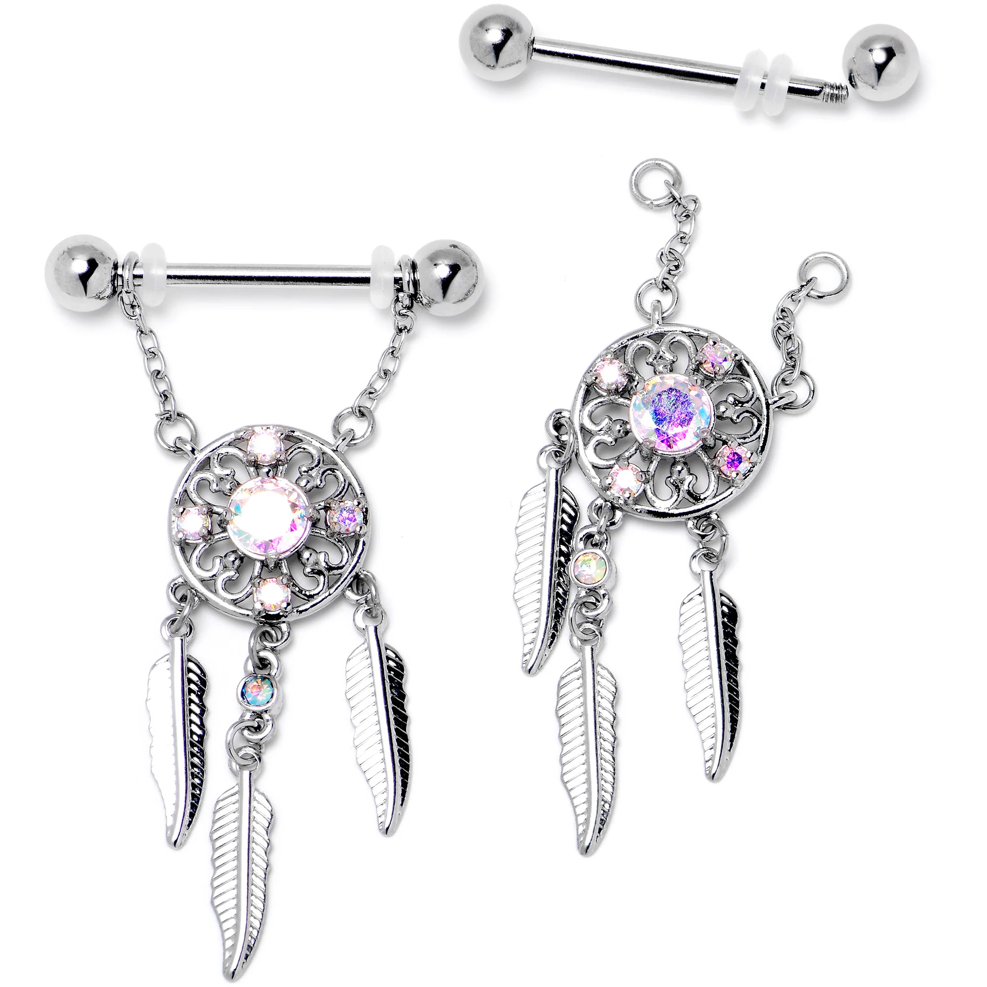 14G 9/16 Aurora CZ Gem Dreamcatcher Dangle Nipple Ring Set - Image 4