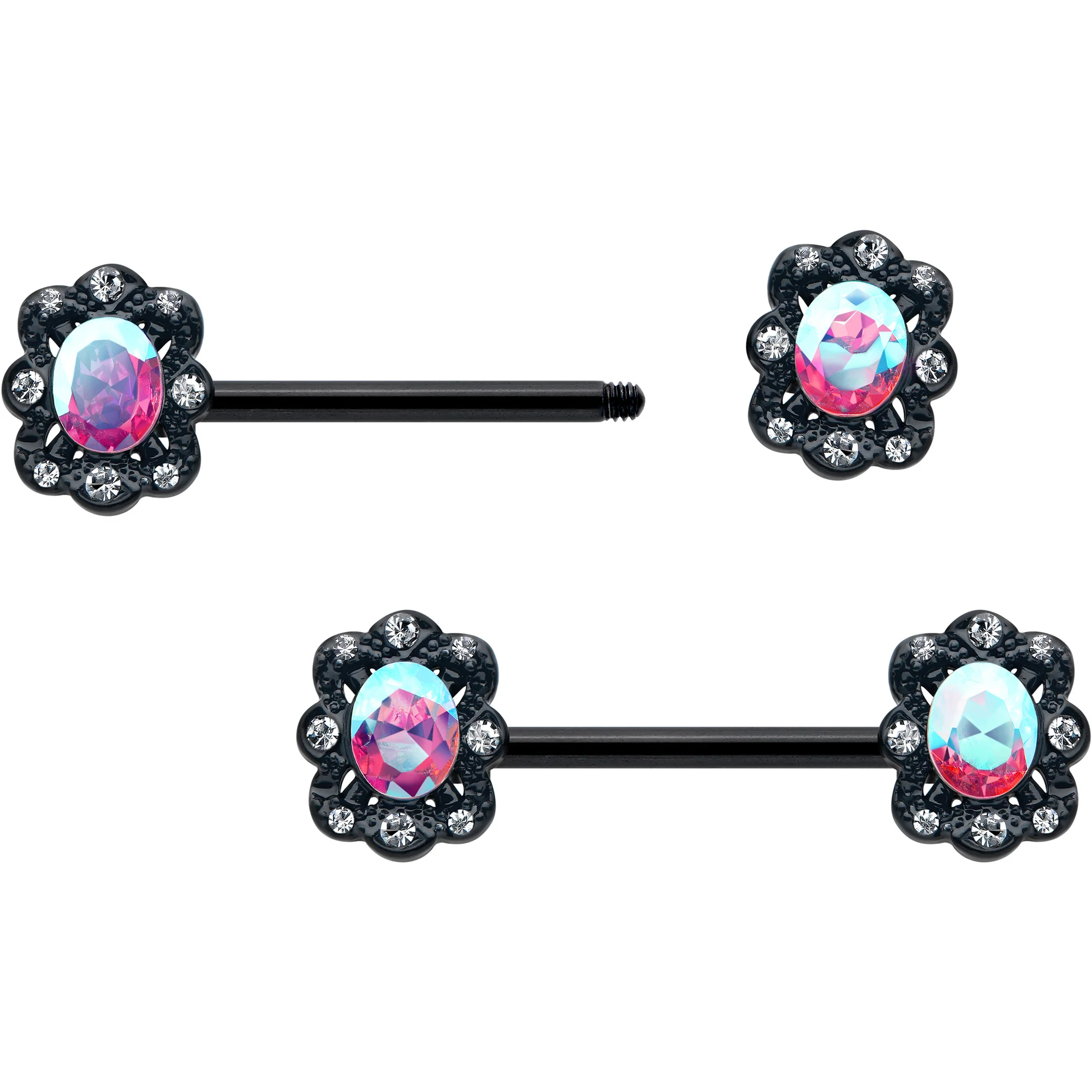 14G 9/16 Aurora Gem Black Filigree Fantasy Barbell Nipple Ring Set - Image 2