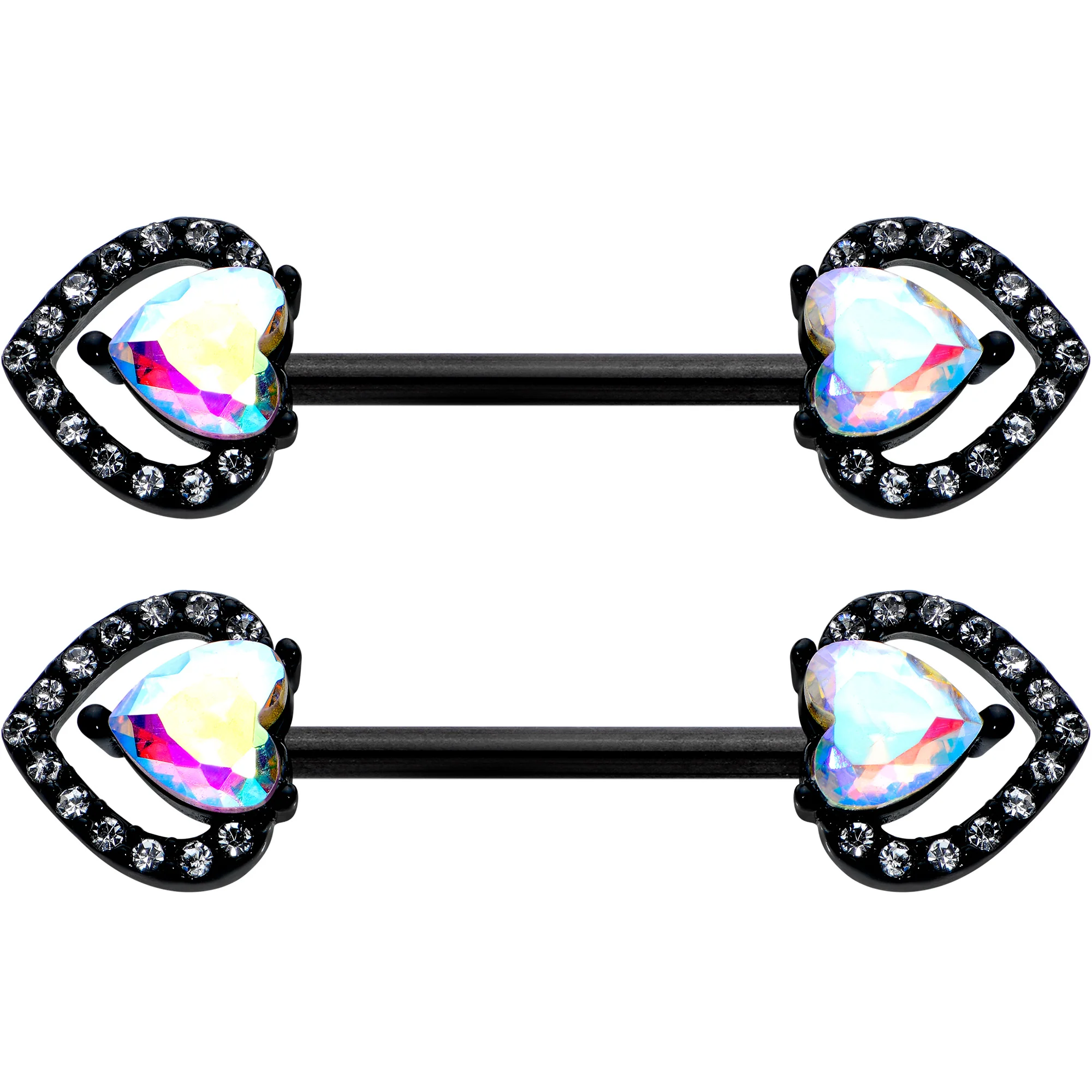 14 G 9/16 Aurora Gem Black Rococo Heart Barbell Nipple Ring Set - Image 2