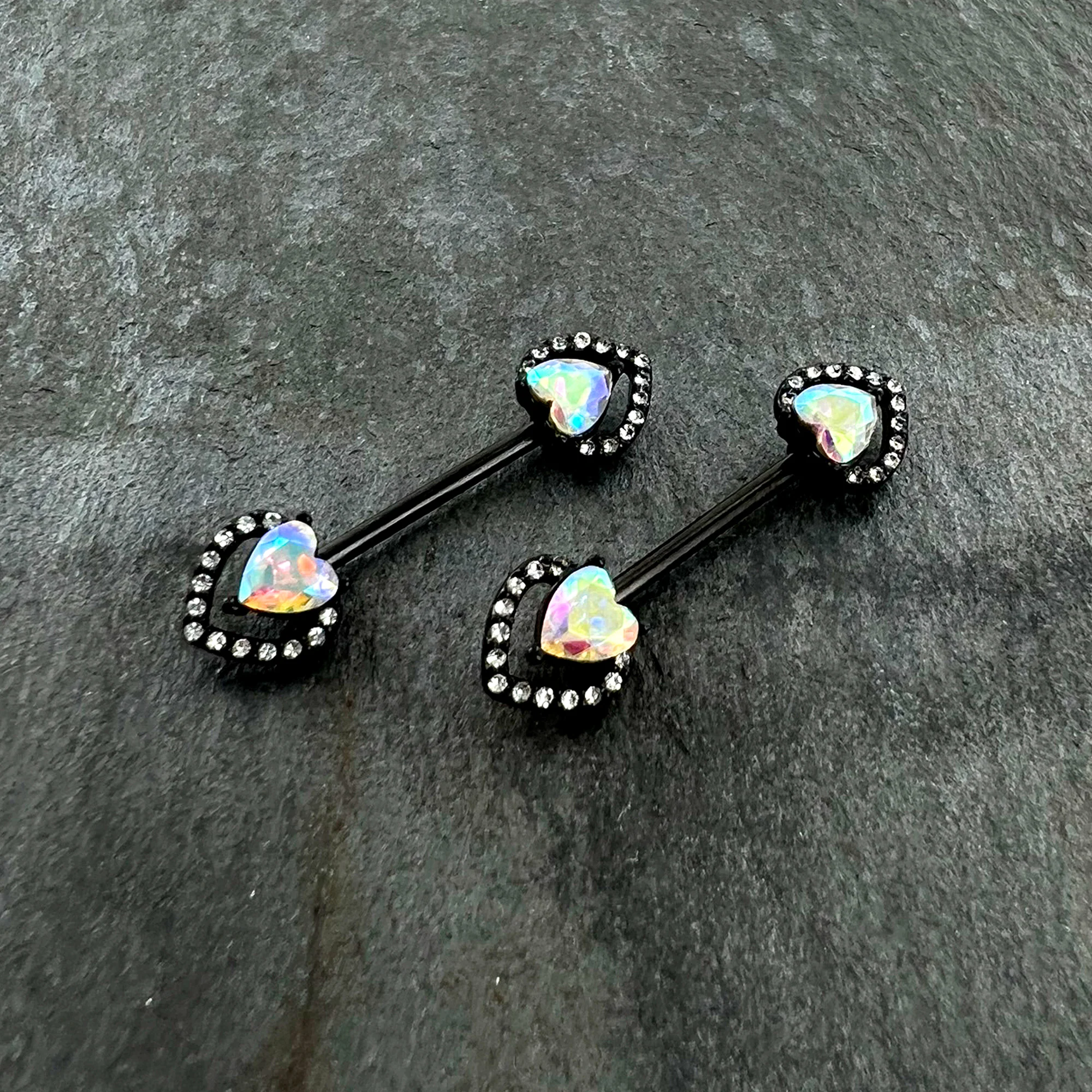 14 G 9/16 Aurora Gem Black Rococo Heart Barbell Nipple Ring Set - Image 4
