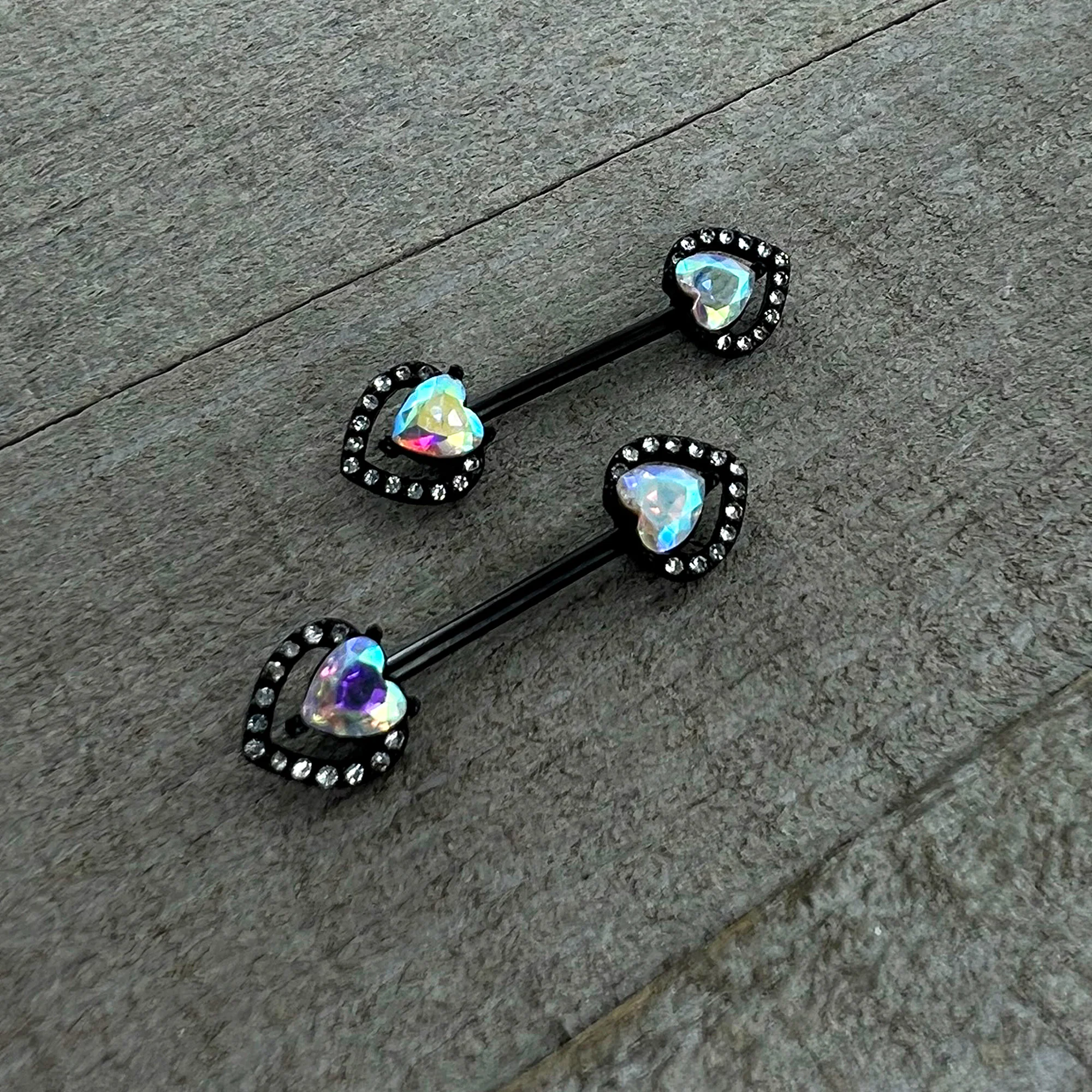 14 G 9/16 Aurora Gem Black Rococo Heart Barbell Nipple Ring Set - Image 5