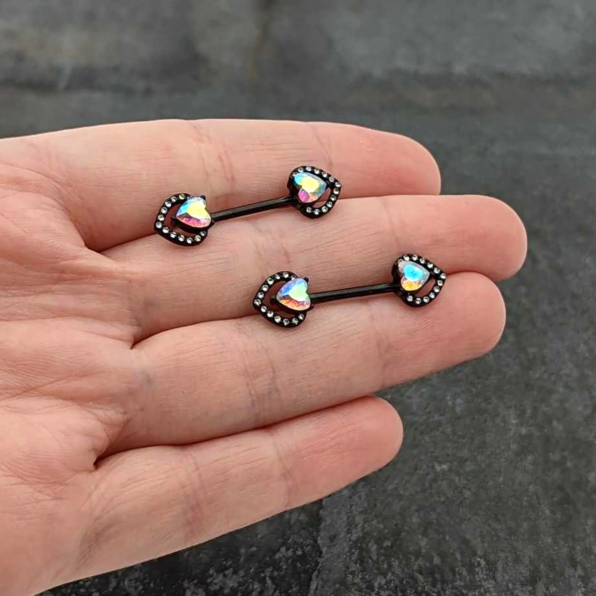 14 G 9/16 Aurora Gem Black Rococo Heart Barbell Nipple Ring Set - Image 7