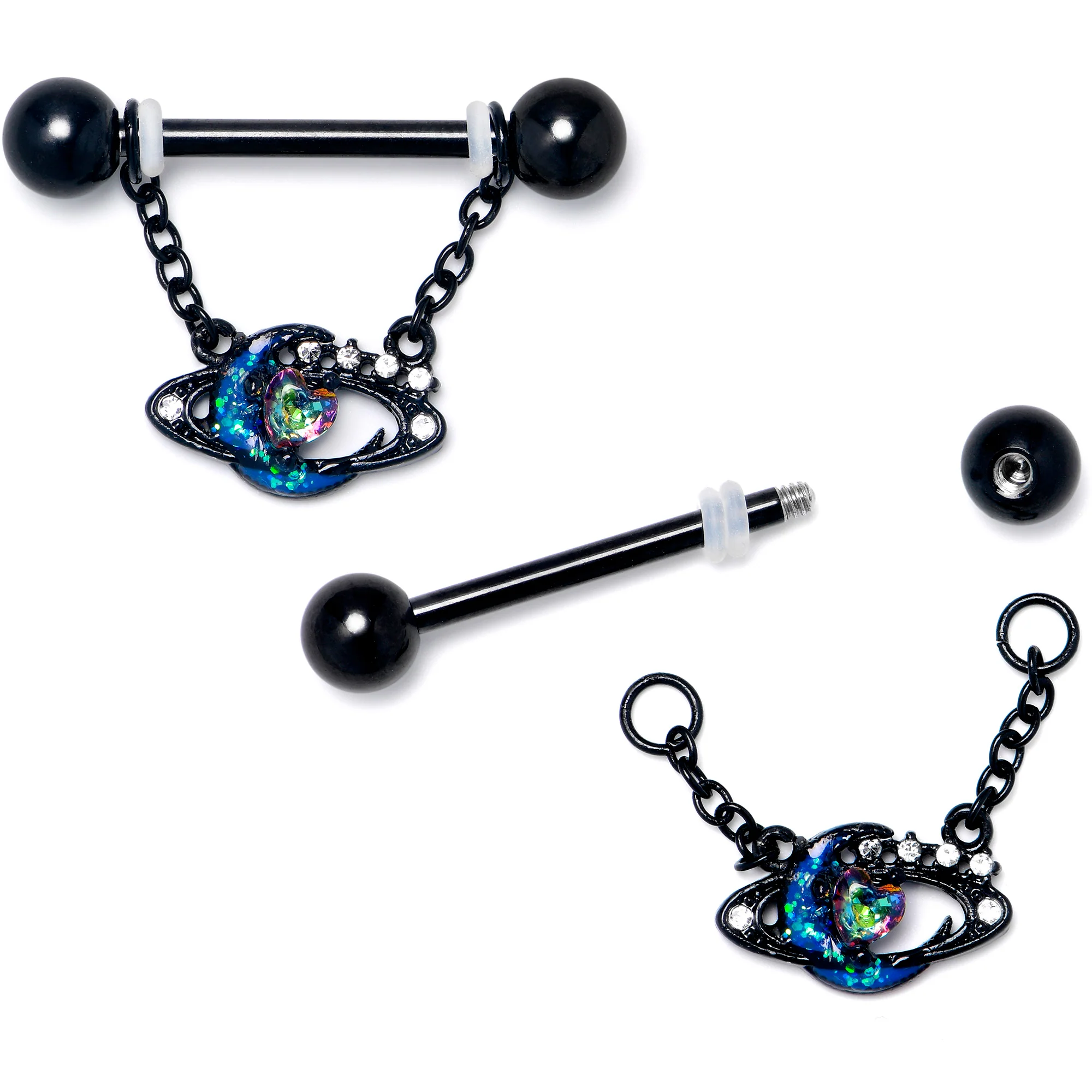 14G 9/16 Aurora Gem Black Saturn Space Moon Dangle Nipple Ring Set - Image 2