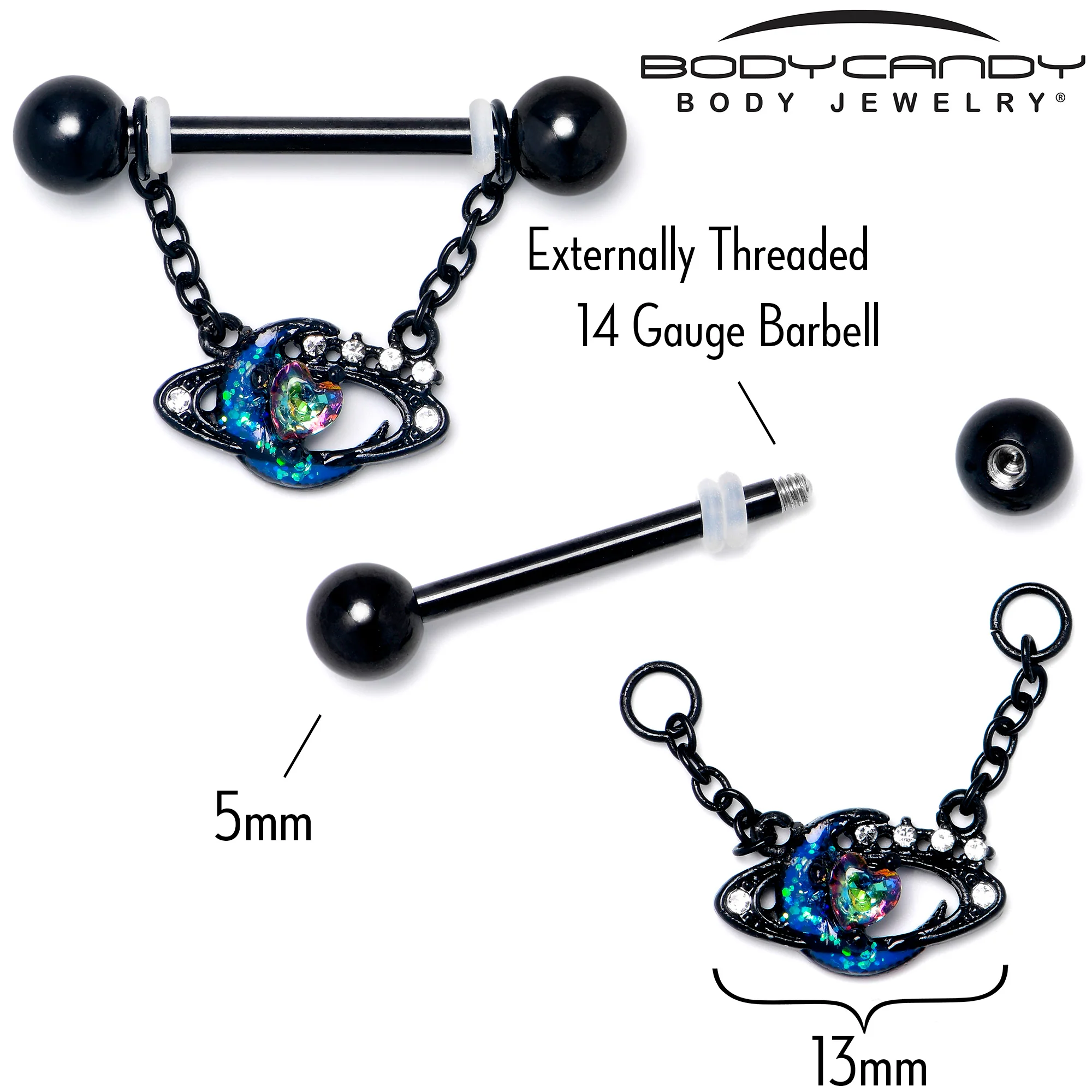 14G 9/16 Aurora Gem Black Saturn Space Moon Dangle Nipple Ring Set - Image 3
