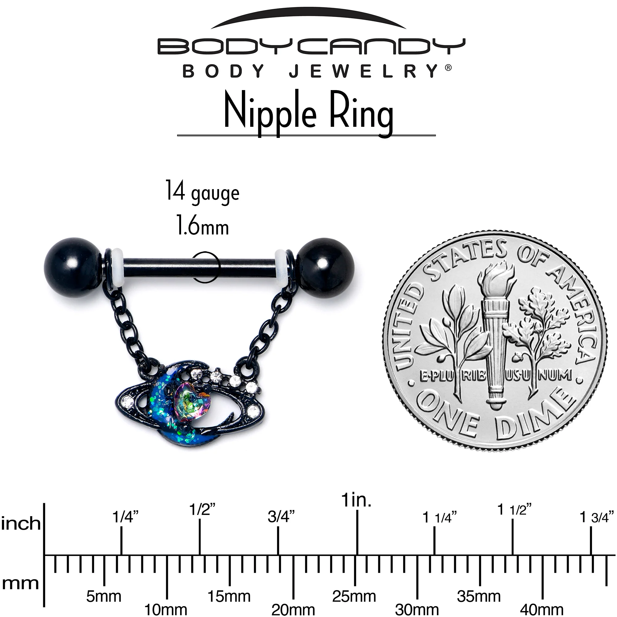 14G 9/16 Aurora Gem Black Saturn Space Moon Dangle Nipple Ring Set - Image 4