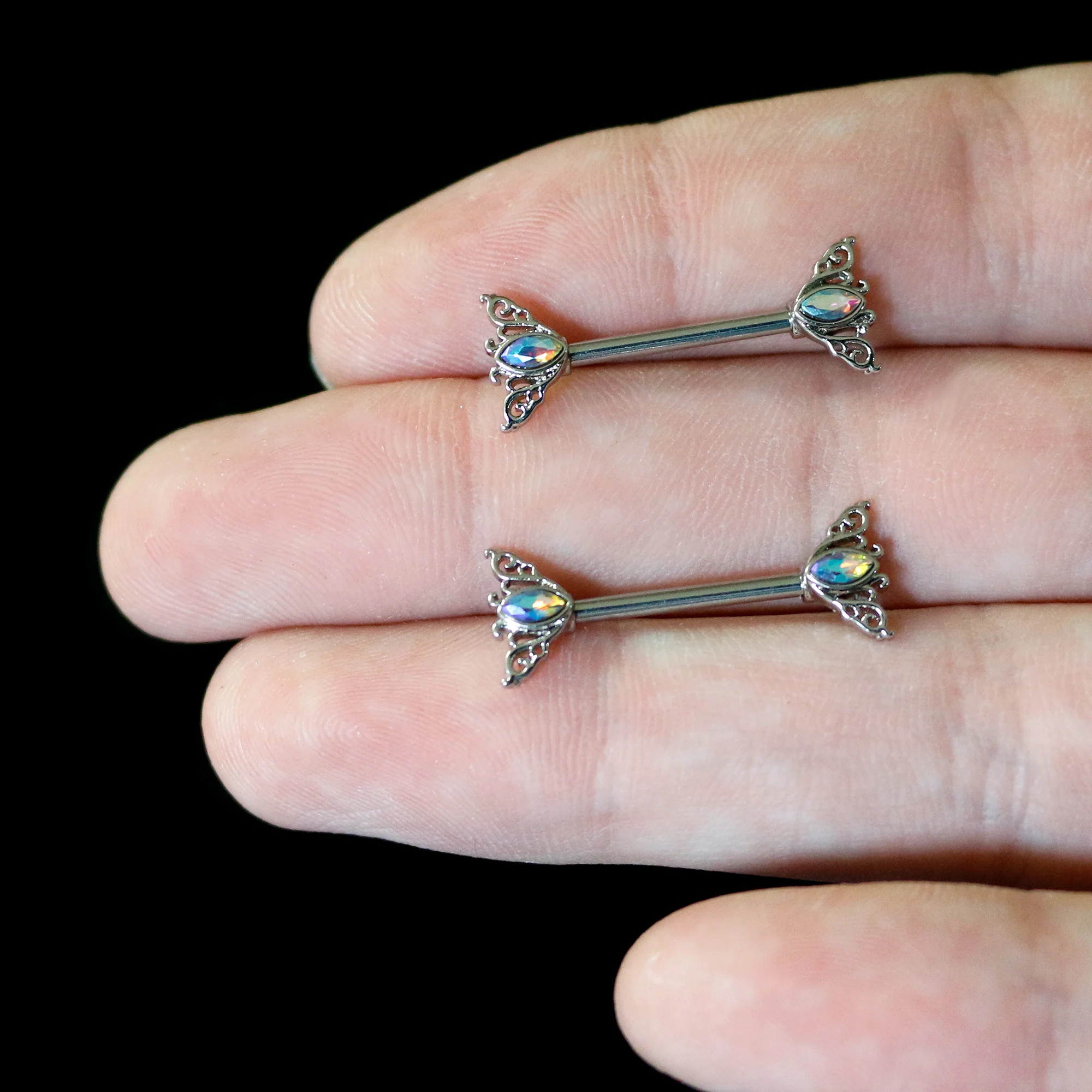 14G 9/16 Aurora Gem Deco Waves Barbell Nipple Ring Set - Image 7