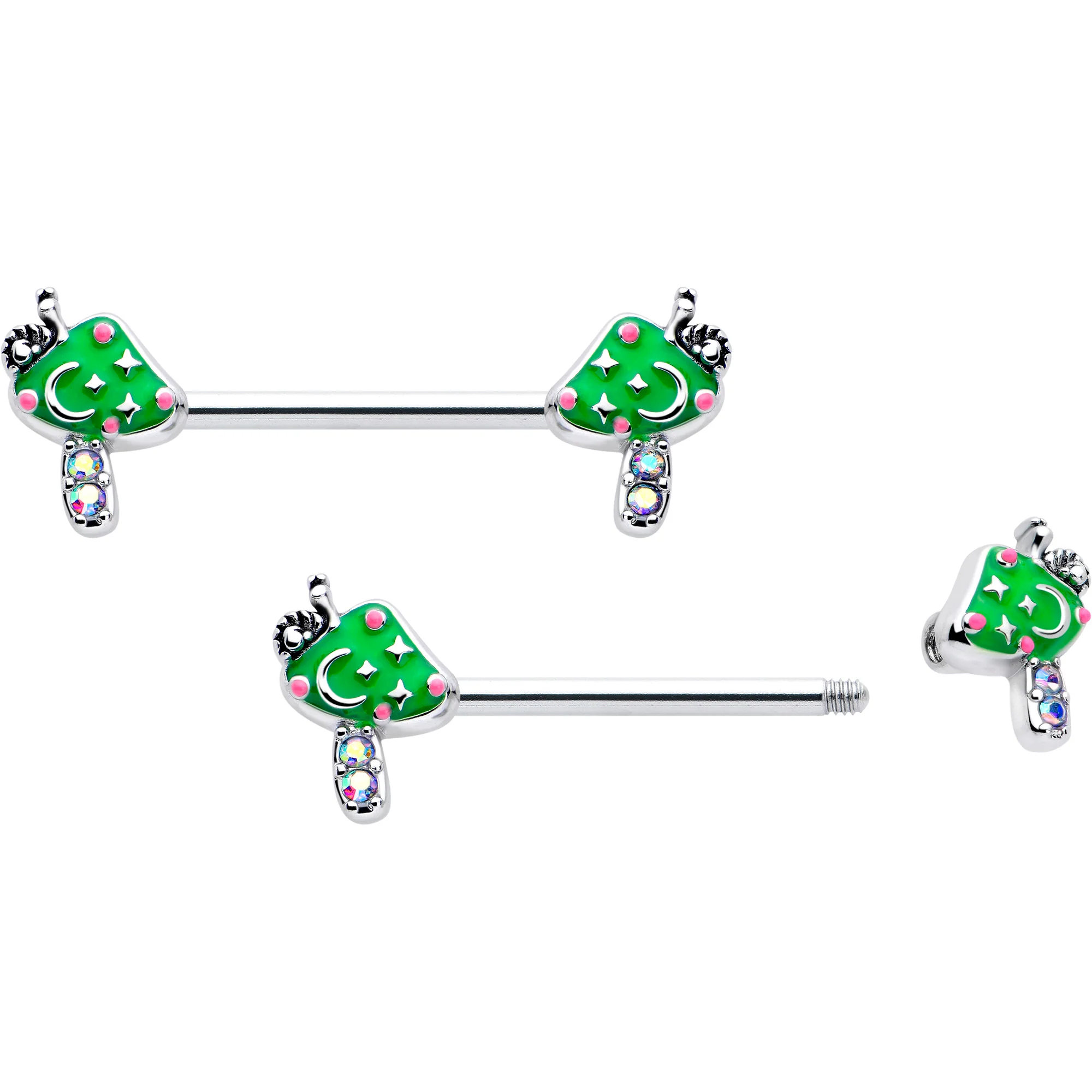 14G 9/16 Aurora Gem Fanciful Green Mushroom Barbell Nipple Ring Set - Image 2