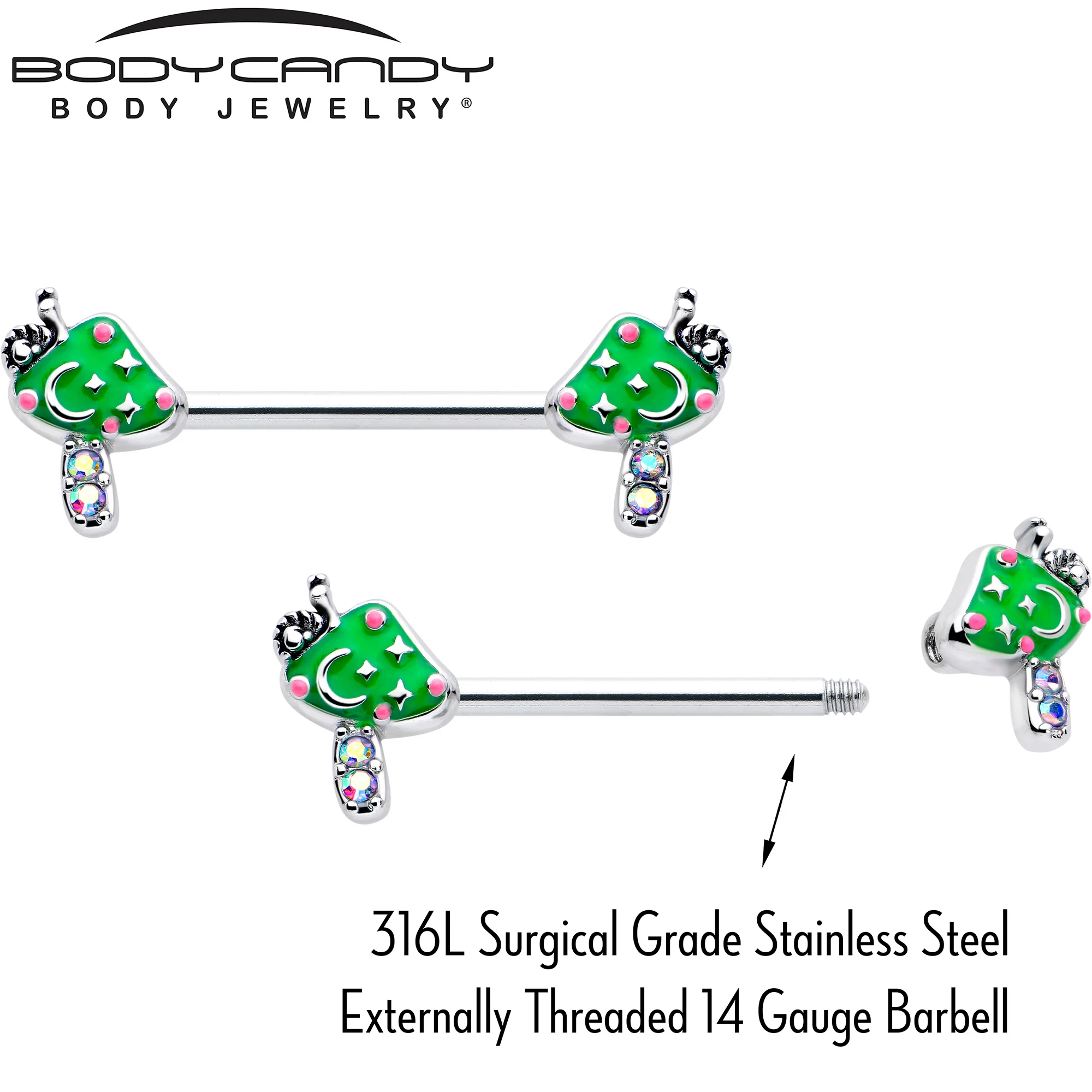 14G 9/16 Aurora Gem Fanciful Green Mushroom Barbell Nipple Ring Set - Image 3