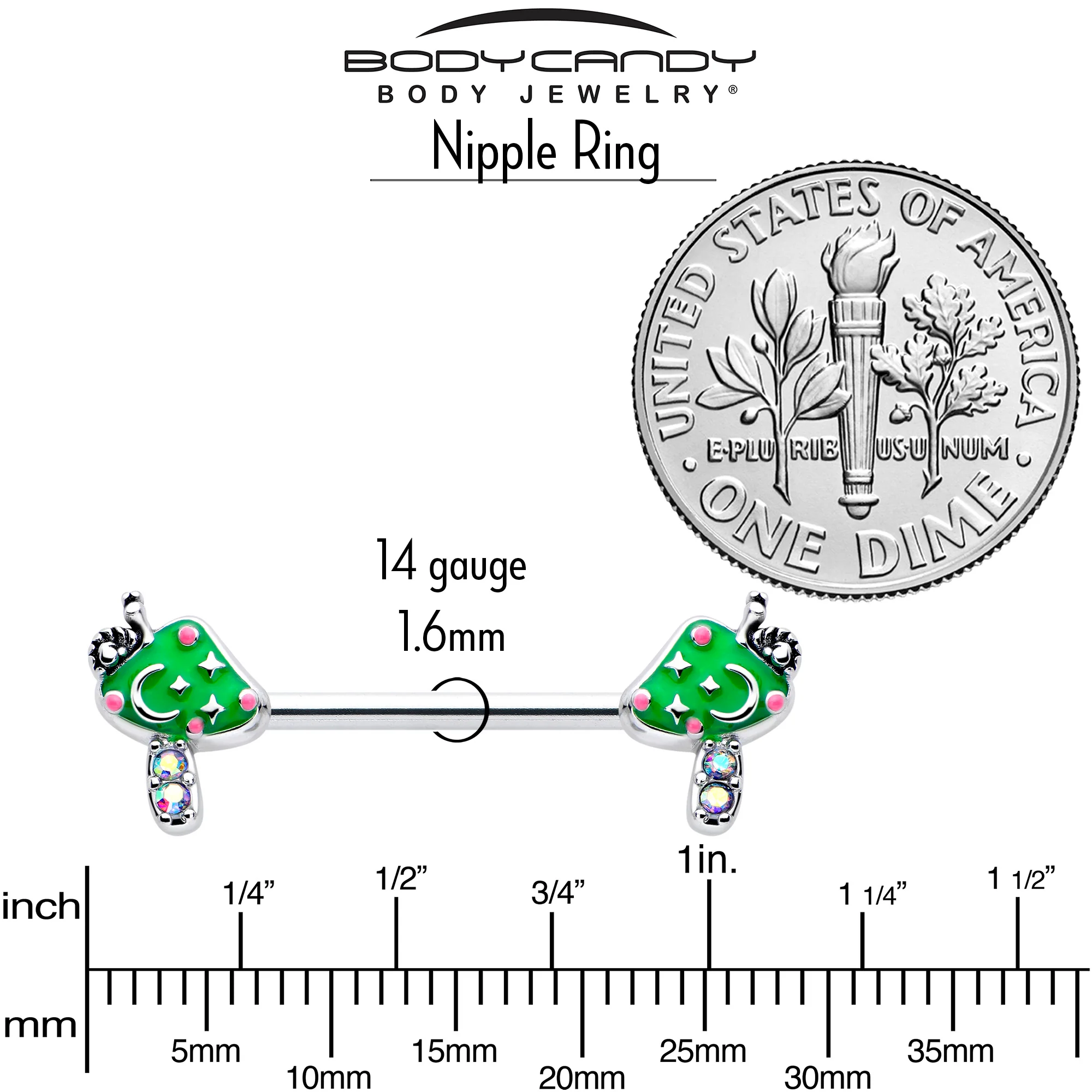 14G 9/16 Aurora Gem Fanciful Green Mushroom Barbell Nipple Ring Set - Image 4
