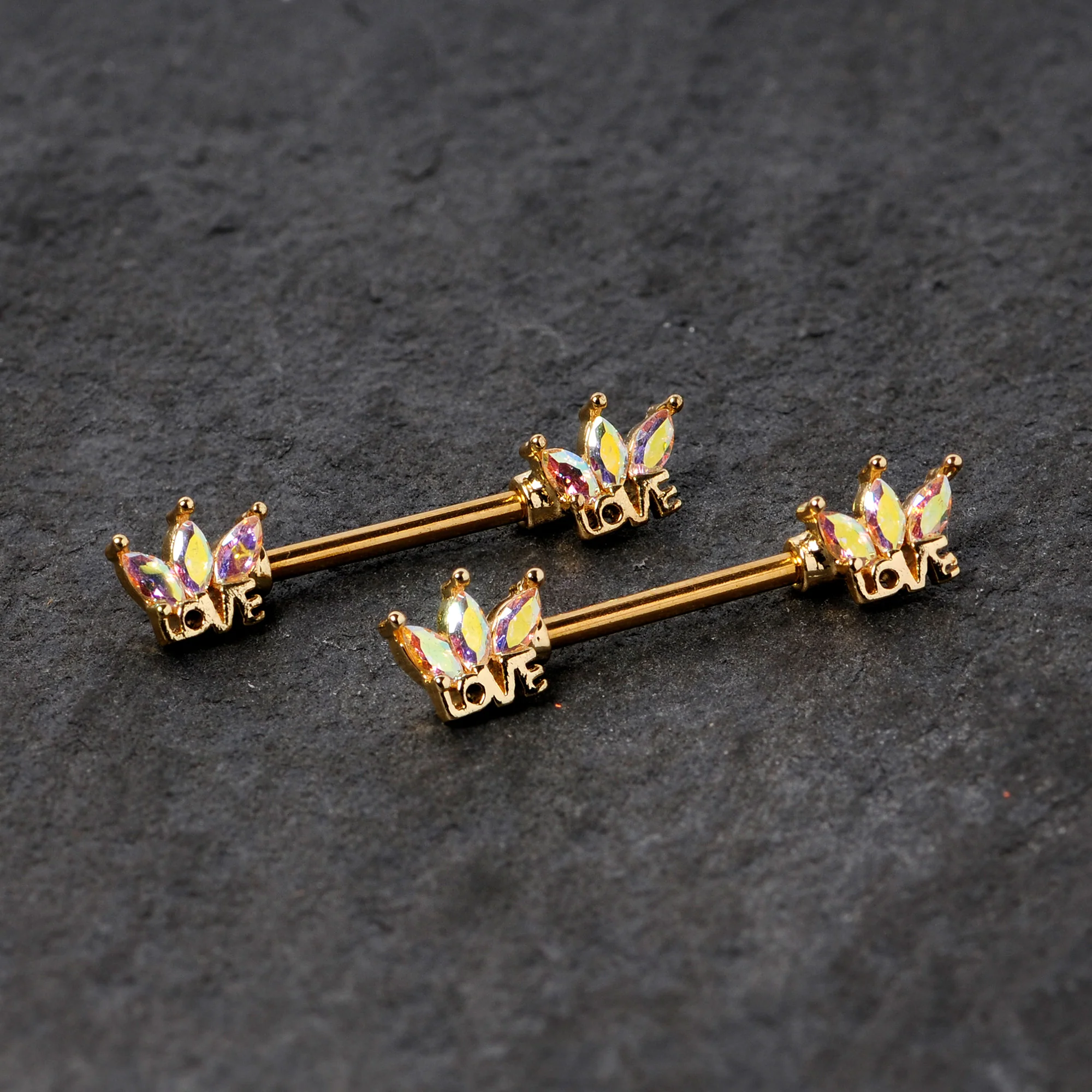 14G 9/16 Aurora Gem Gold Tone Crown Love Barbell Nipple Ring Set - Image 2