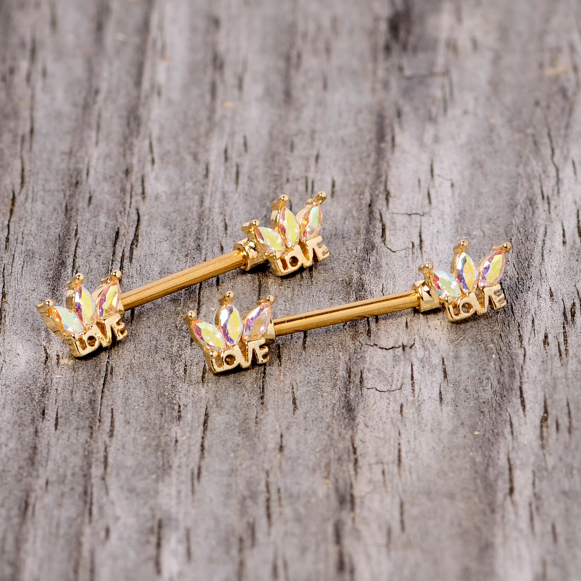 14G 9/16 Aurora Gem Gold Tone Crown Love Barbell Nipple Ring Set - Image 3