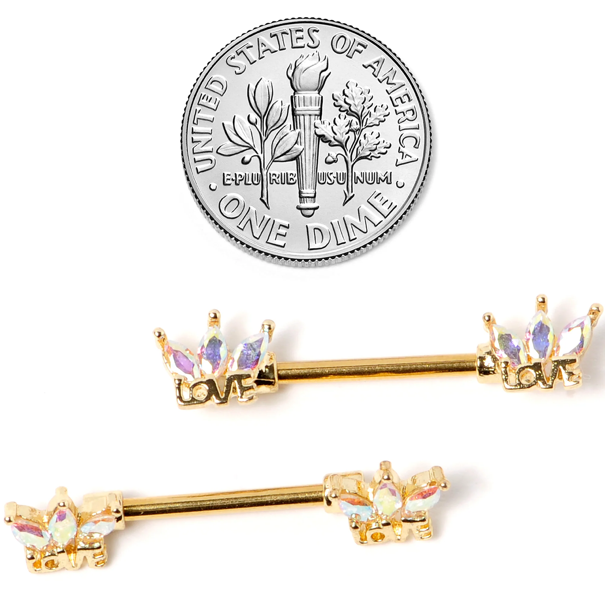 14G 9/16 Aurora Gem Gold Tone Crown Love Barbell Nipple Ring Set - Image 4
