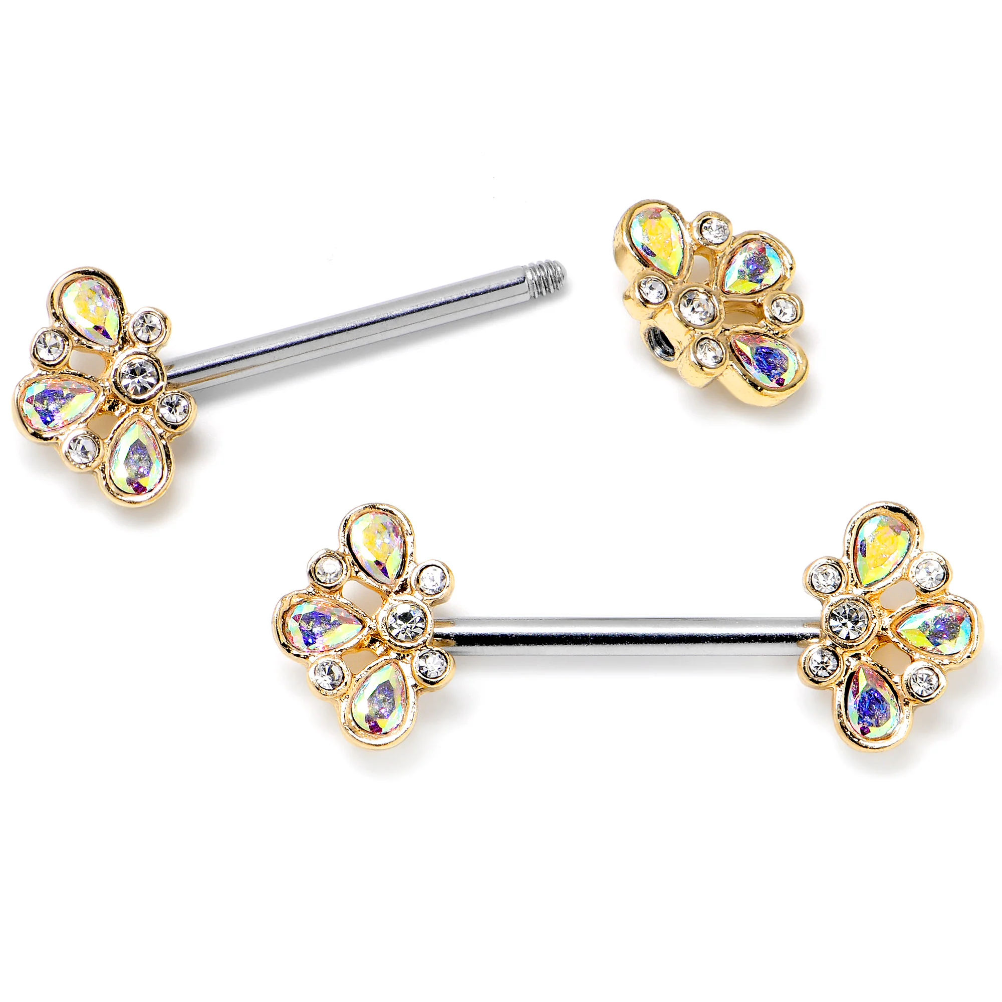 14G 9/16 Aurora Gem Golden Crown Deluxe Barbell Nipple Ring Set - Image 2