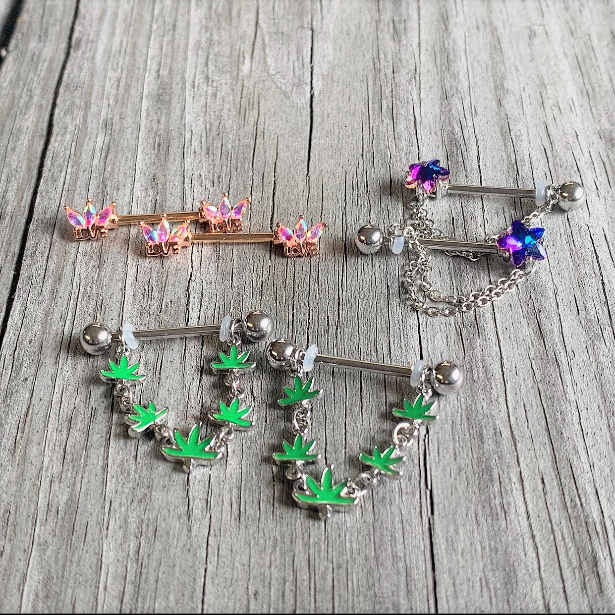 14G 9/16 Aurora Gem Rose Gold Tone Love Crown Barbell Nipple Ring Set - Image 2