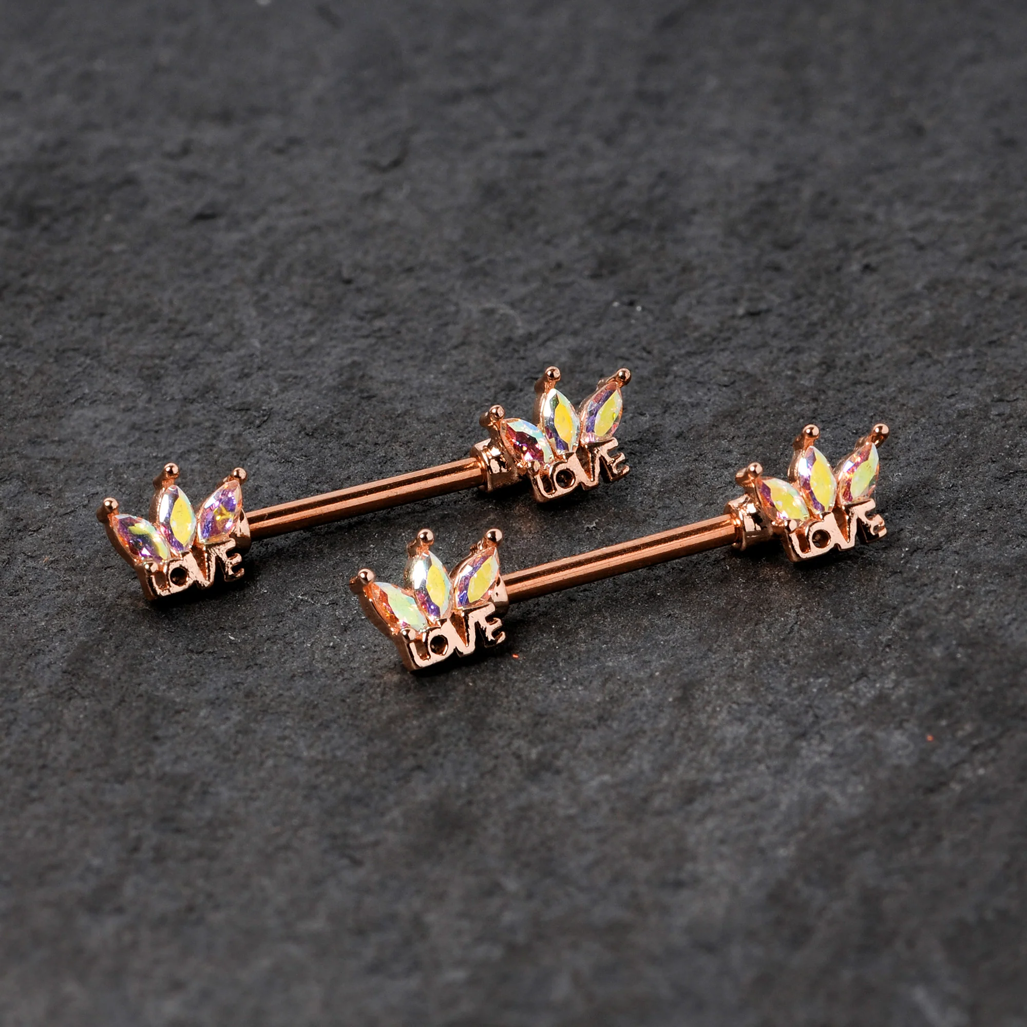 14G 9/16 Aurora Gem Rose Gold Tone Love Crown Barbell Nipple Ring Set - Image 3
