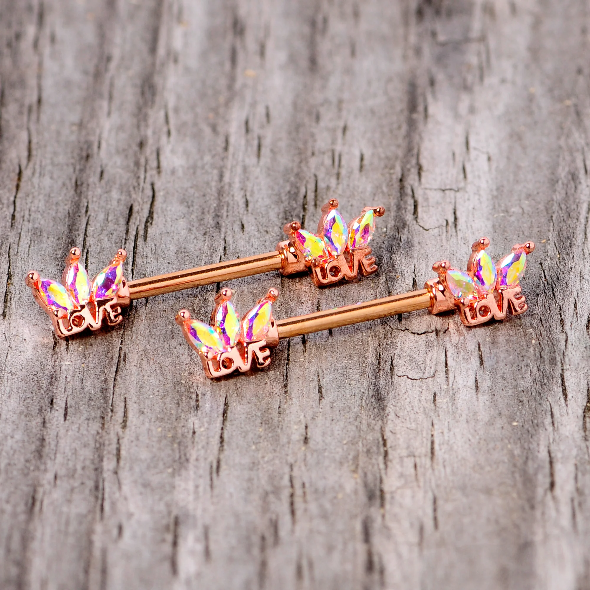 14G 9/16 Aurora Gem Rose Gold Tone Love Crown Barbell Nipple Ring Set - Image 4