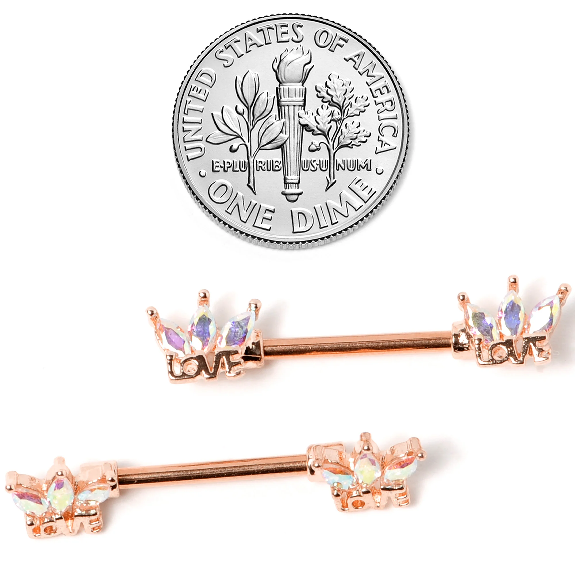 14G 9/16 Aurora Gem Rose Gold Tone Love Crown Barbell Nipple Ring Set - Image 5