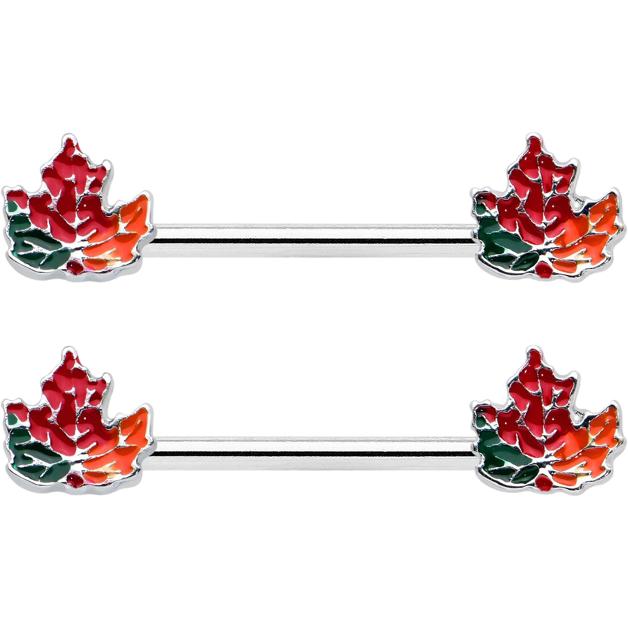14G 9/16 Autumn Tricolor Maple Leaf Barbell Nipple Ring Set - Image 2