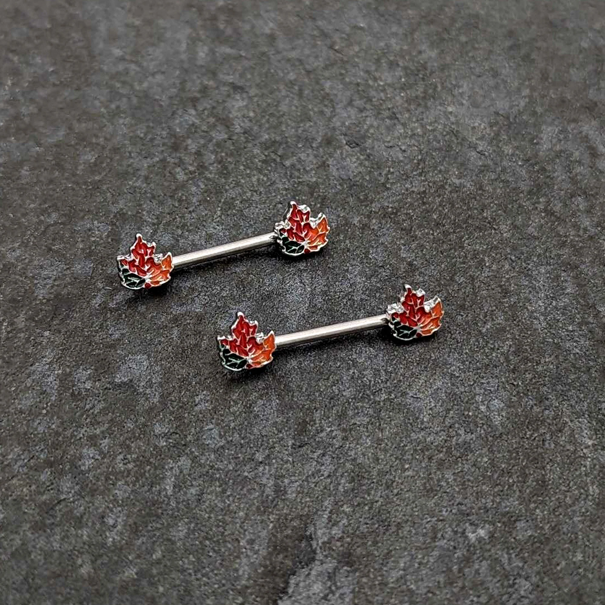 14G 9/16 Autumn Tricolor Maple Leaf Barbell Nipple Ring Set - Image 4
