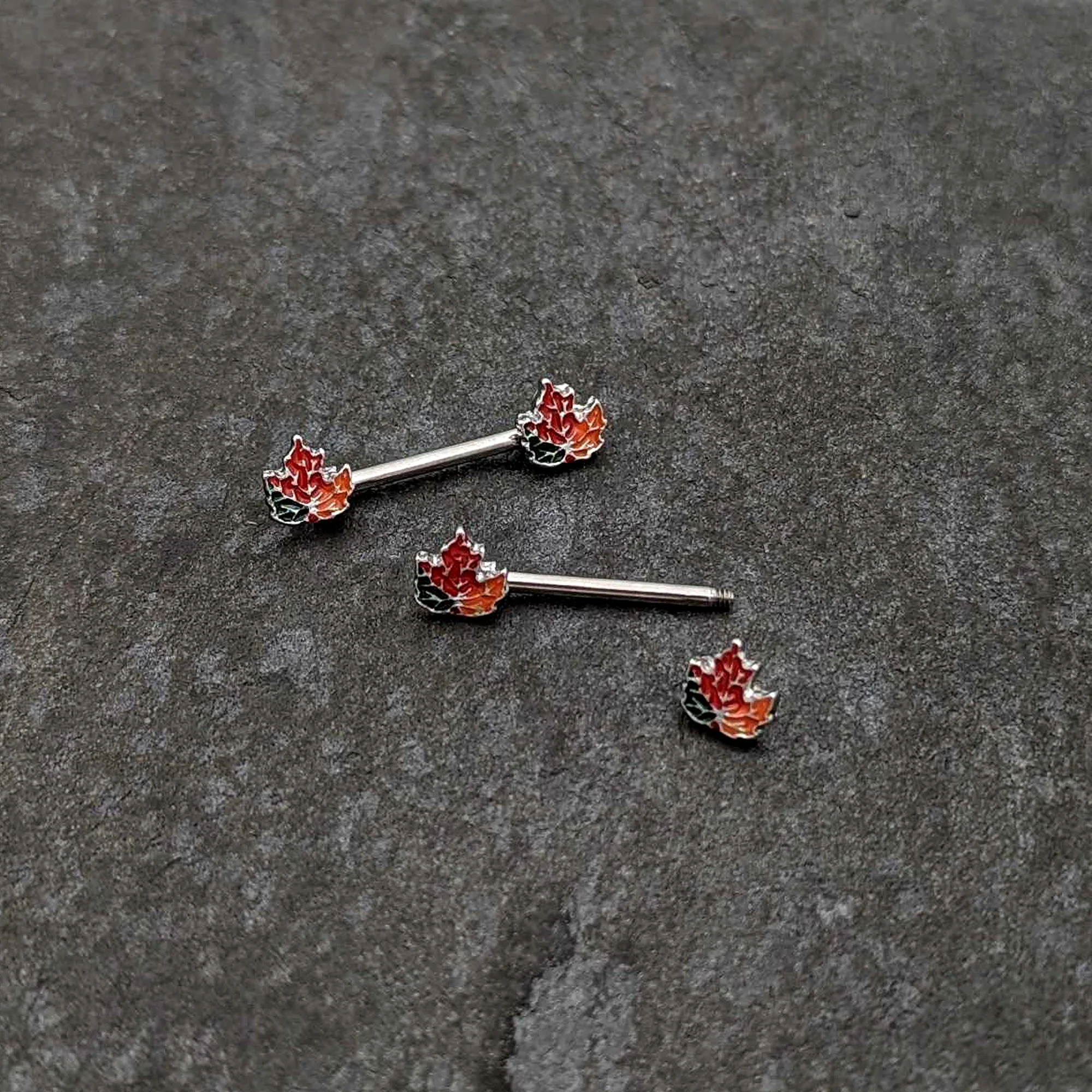 14G 9/16 Autumn Tricolor Maple Leaf Barbell Nipple Ring Set - Image 5
