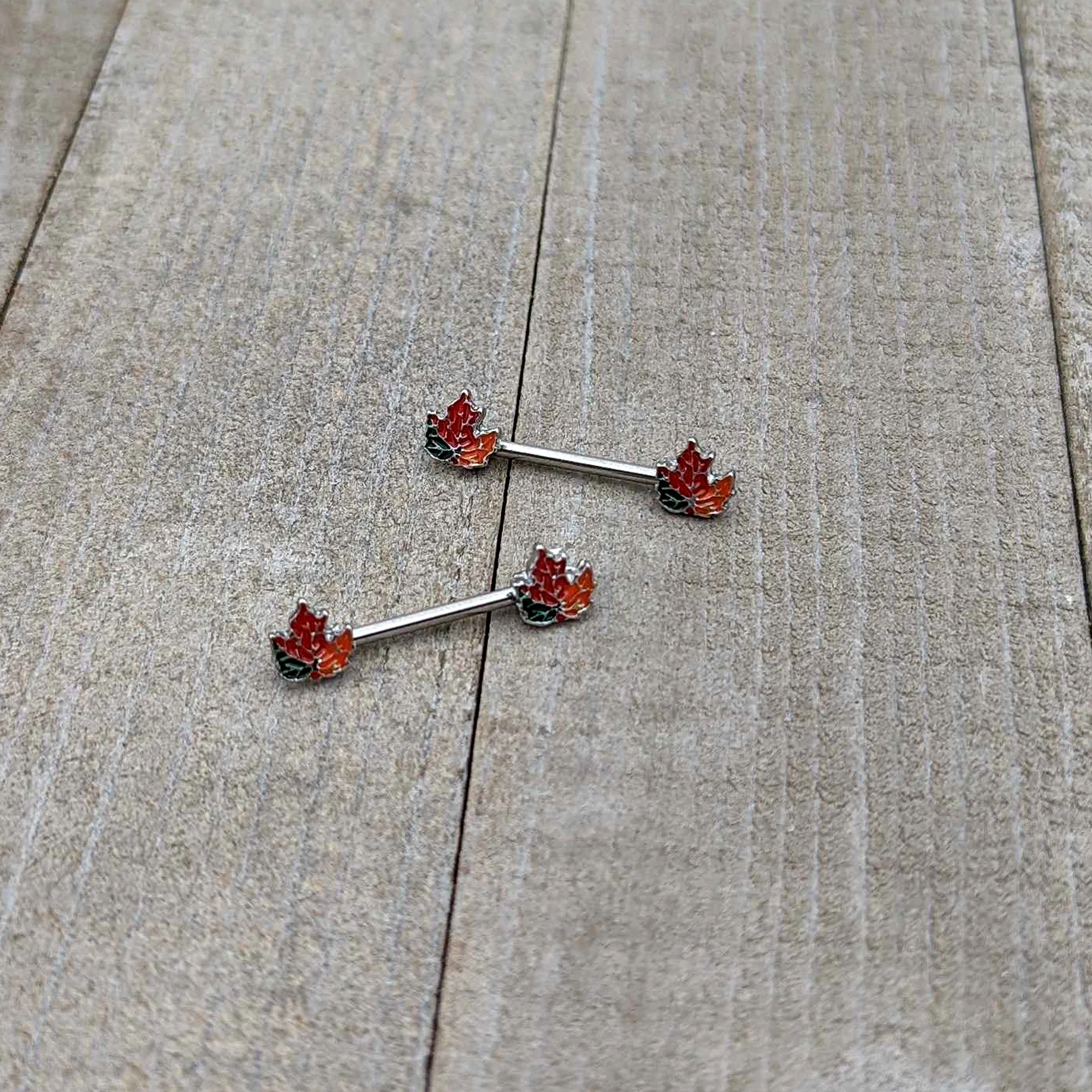 14G 9/16 Autumn Tricolor Maple Leaf Barbell Nipple Ring Set - Image 6