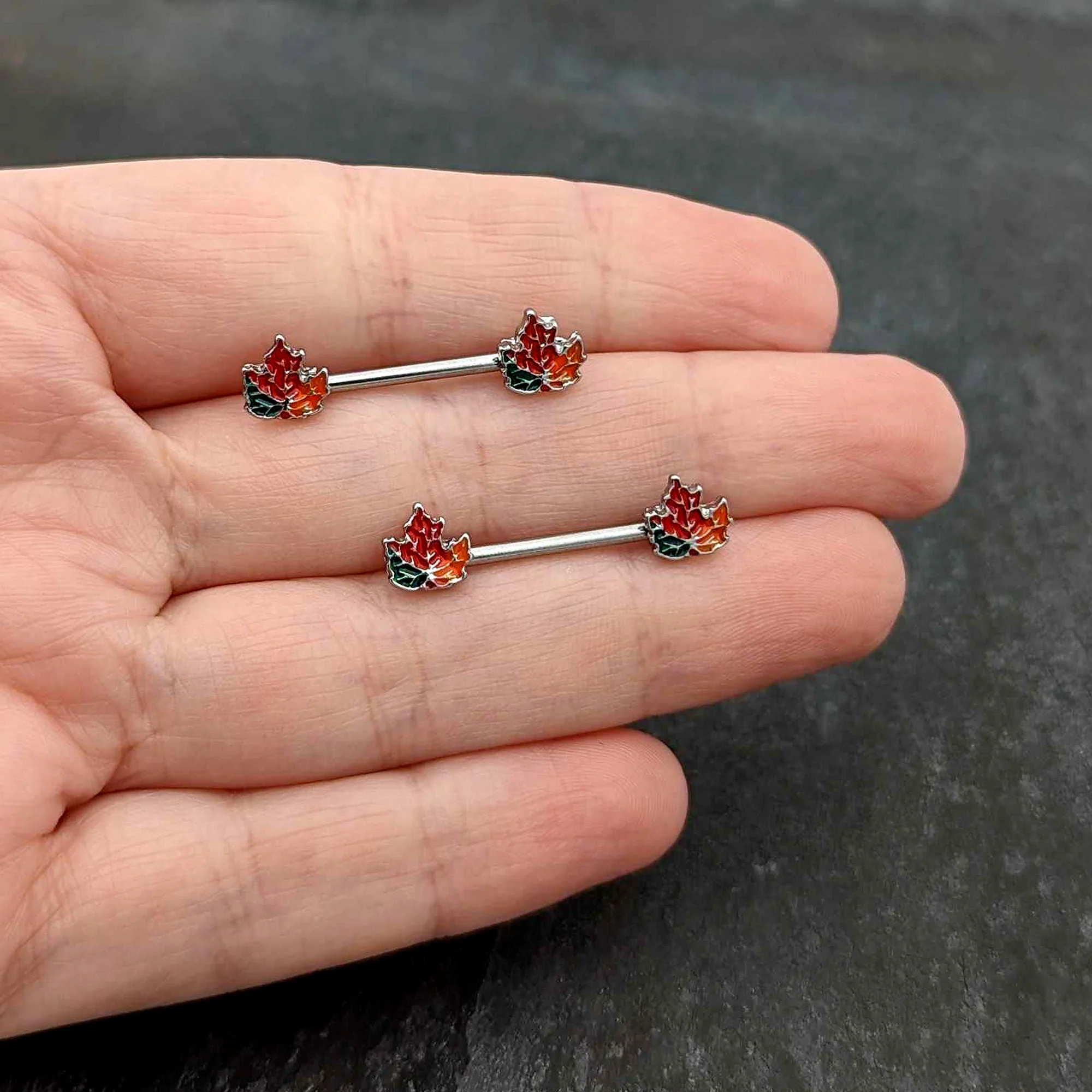 14G 9/16 Autumn Tricolor Maple Leaf Barbell Nipple Ring Set - Image 7