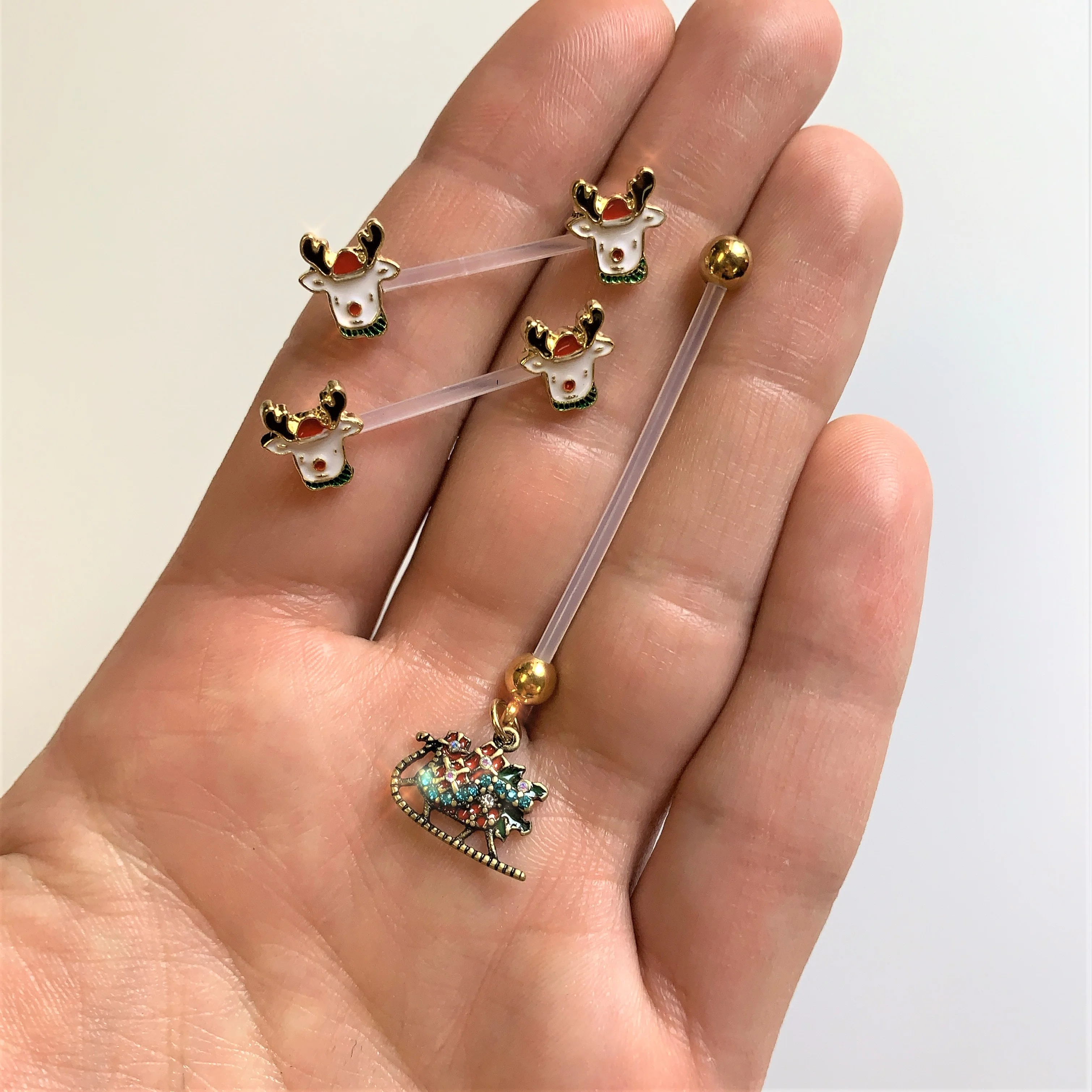 14G 9/16 Bioplast Reindeer Christmas Barbell Nipple Ring Set - Image 2