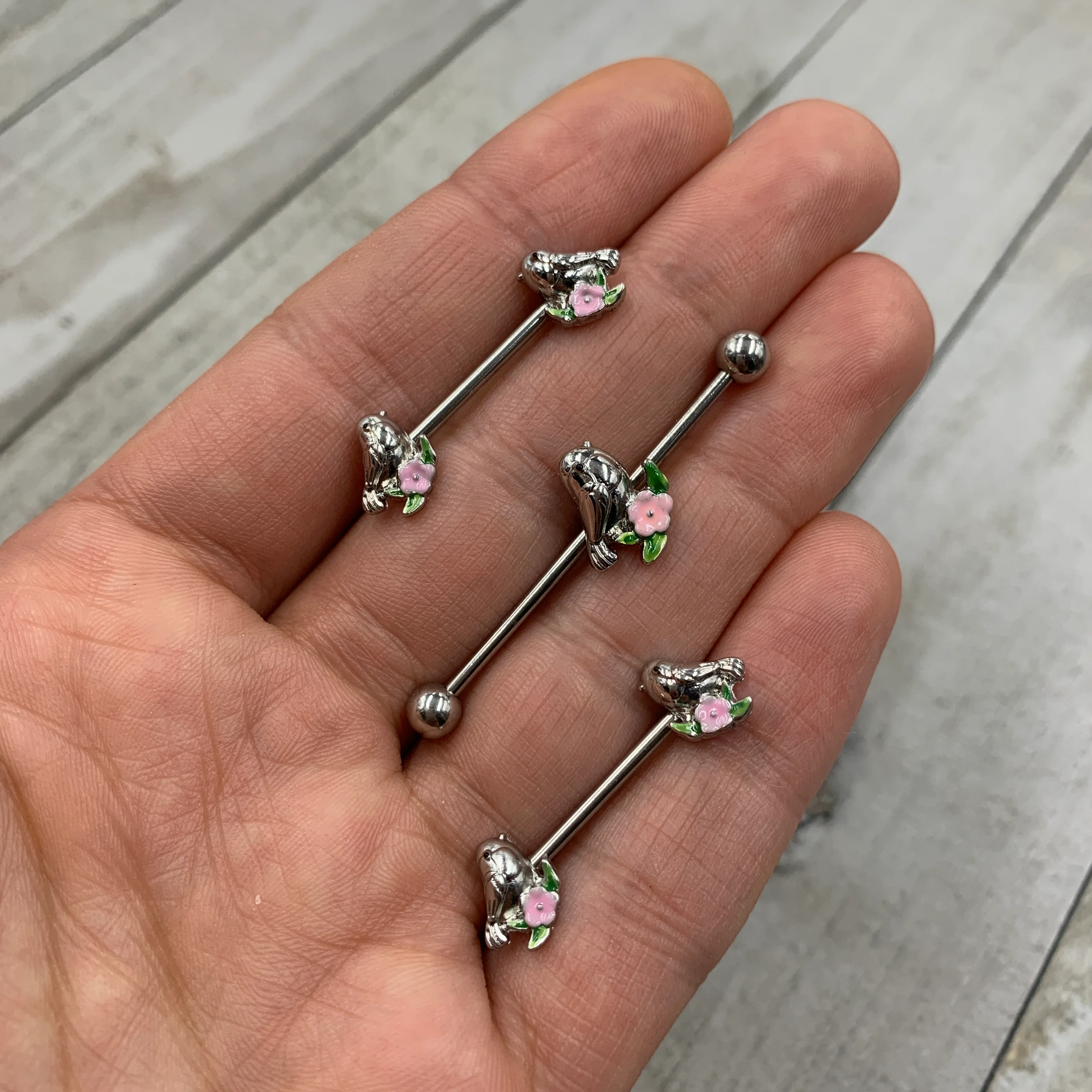 14G 9/16 Bird Pink Flower Barbell Nipple Ring Set - Image 2