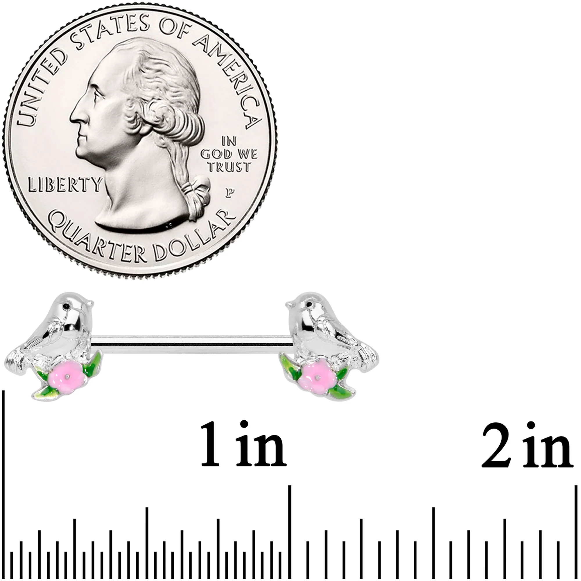 14G 9/16 Bird Pink Flower Barbell Nipple Ring Set - Image 4
