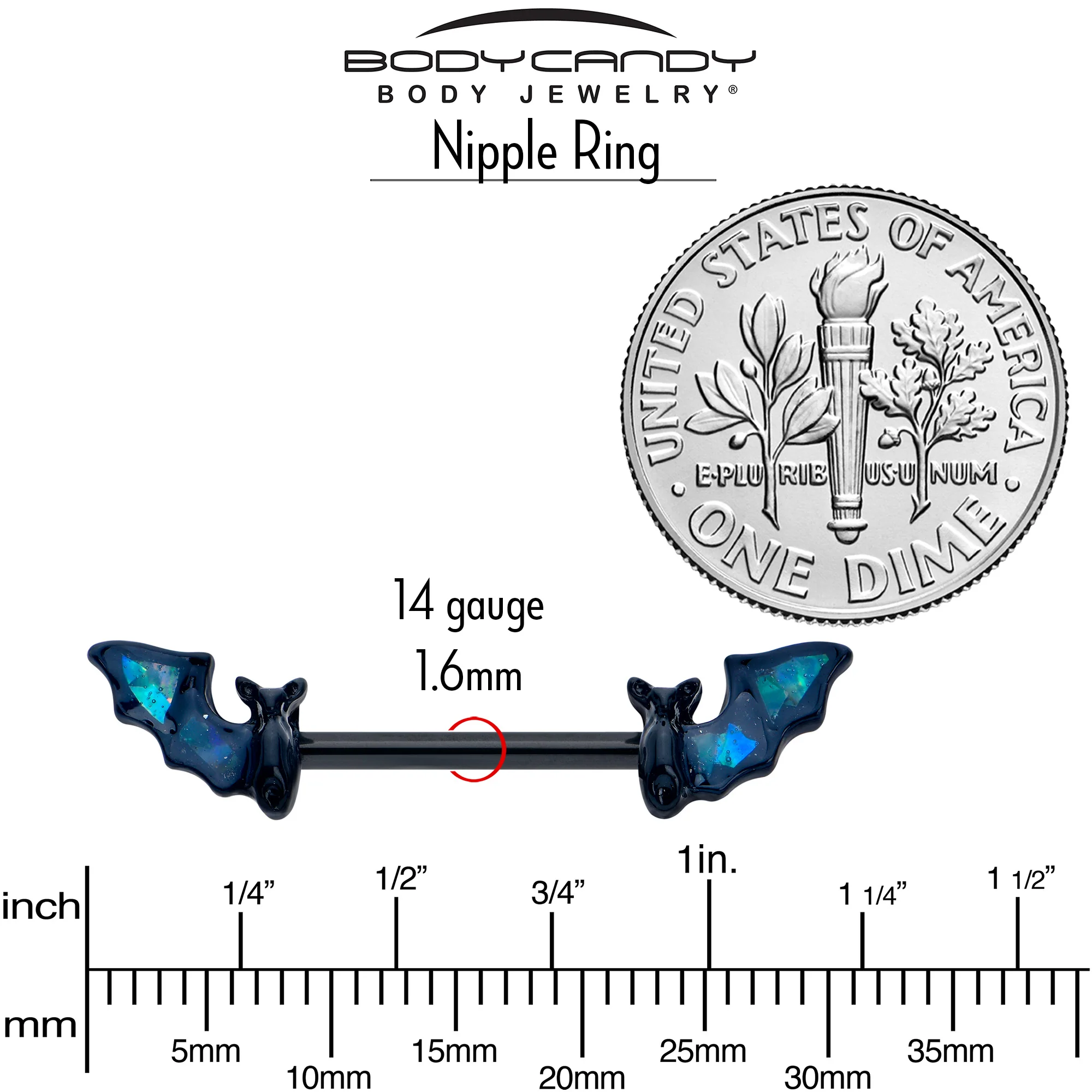 14G 9/16 Black Bats in Blue Barbell Nipple Ring Set - Image 5
