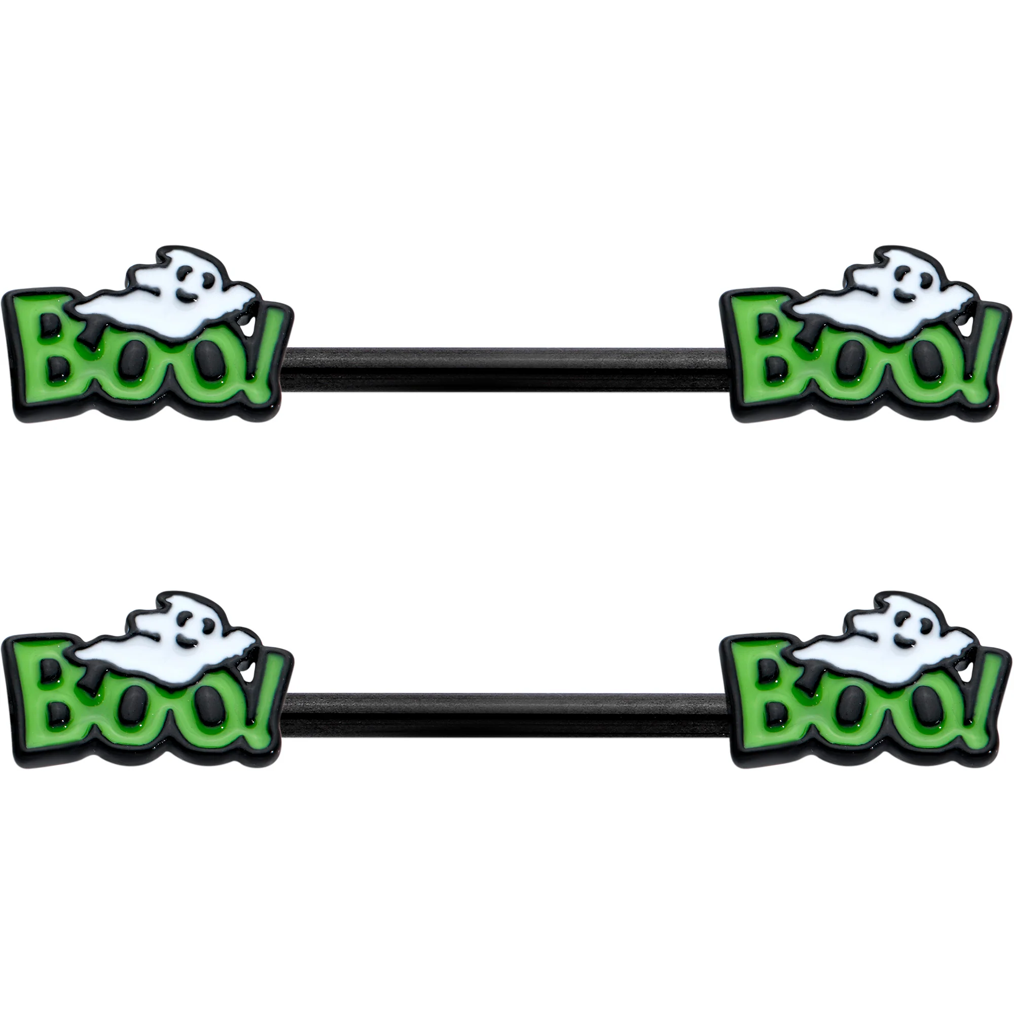 14G 9/16 Black Boo Smile Ghost Halloween Barbell Nipple Ring Set - Image 2