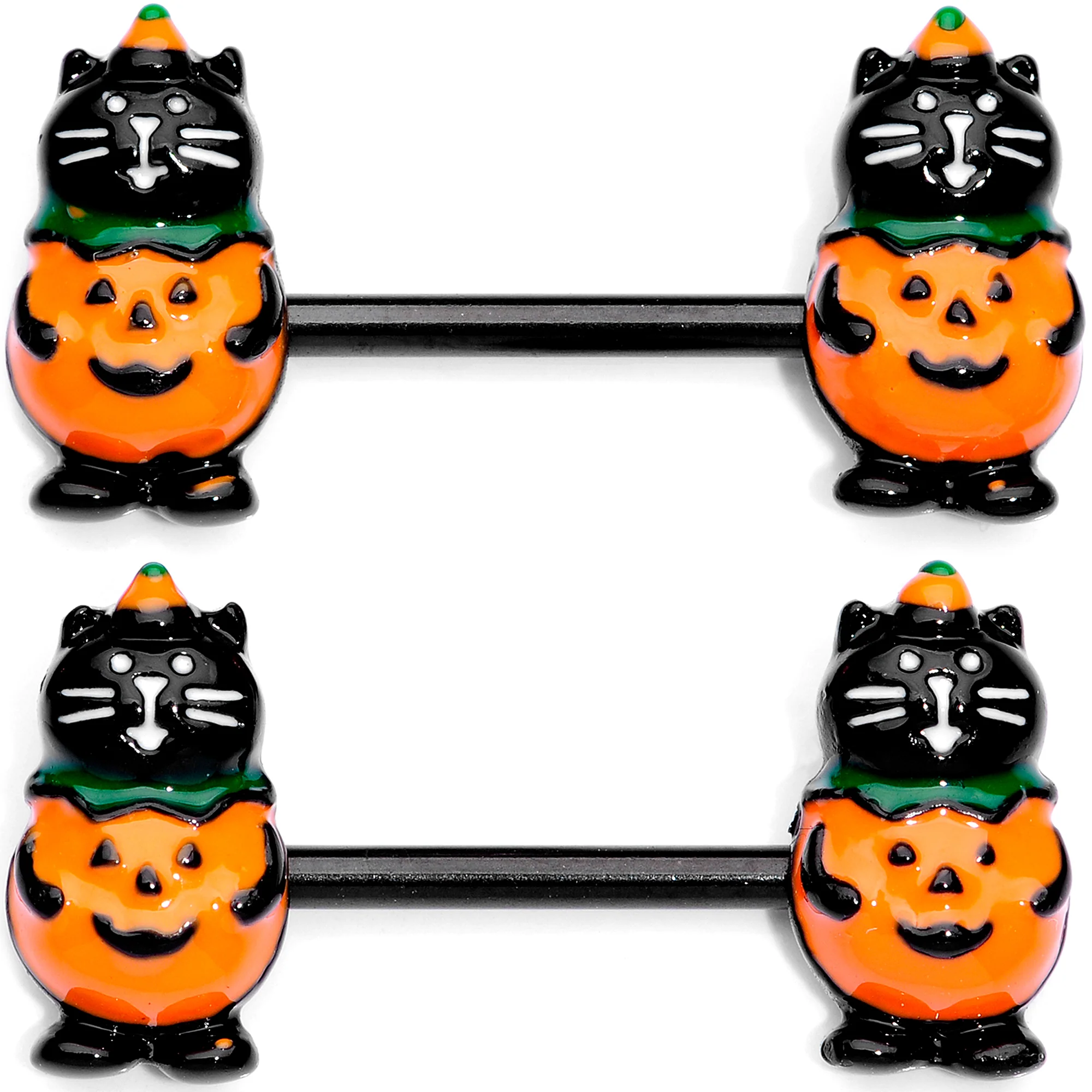 14G 9/16 Black Cat Pumpkin Halloween Barbell Nipple Ring Set - Image 2