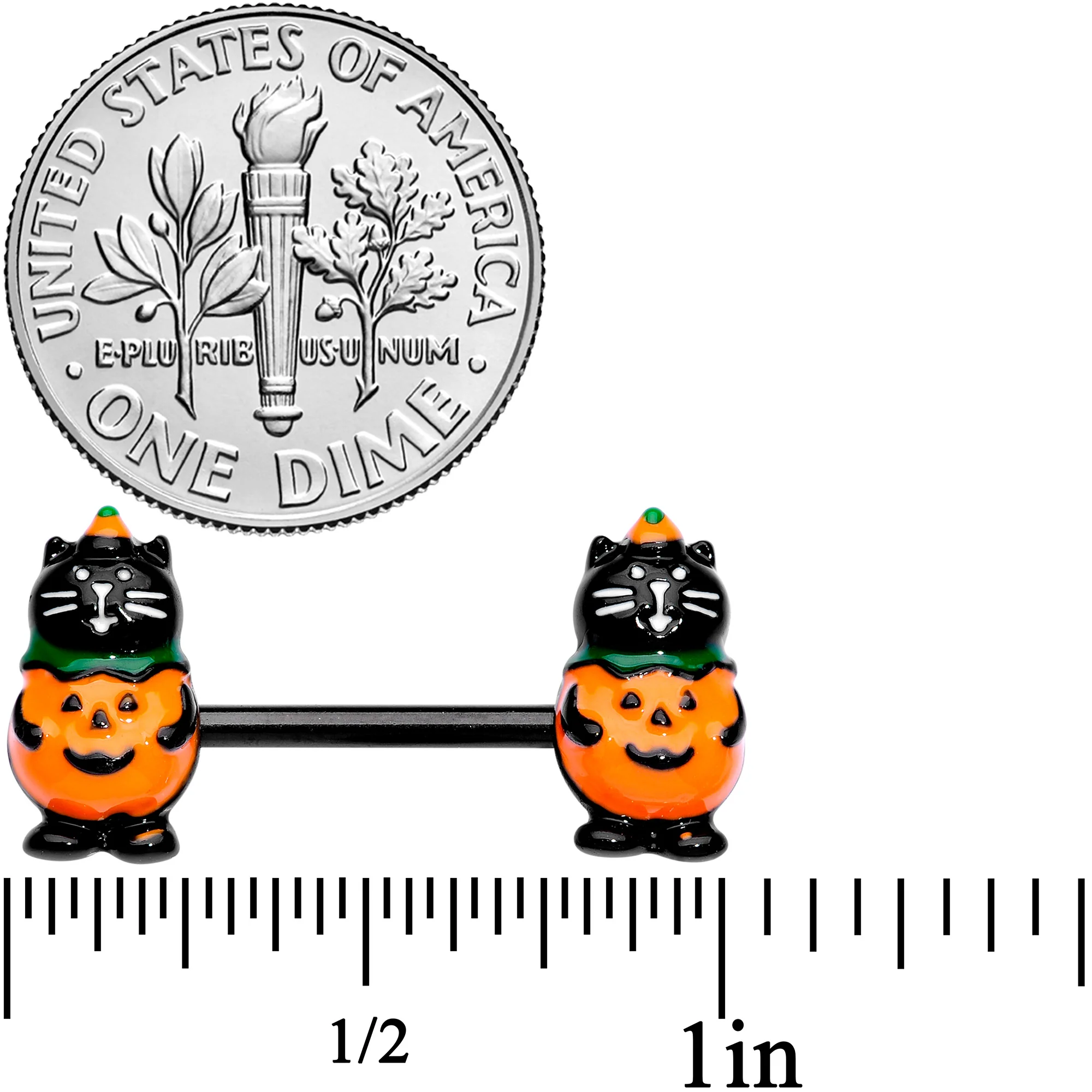 14G 9/16 Black Cat Pumpkin Halloween Barbell Nipple Ring Set - Image 3